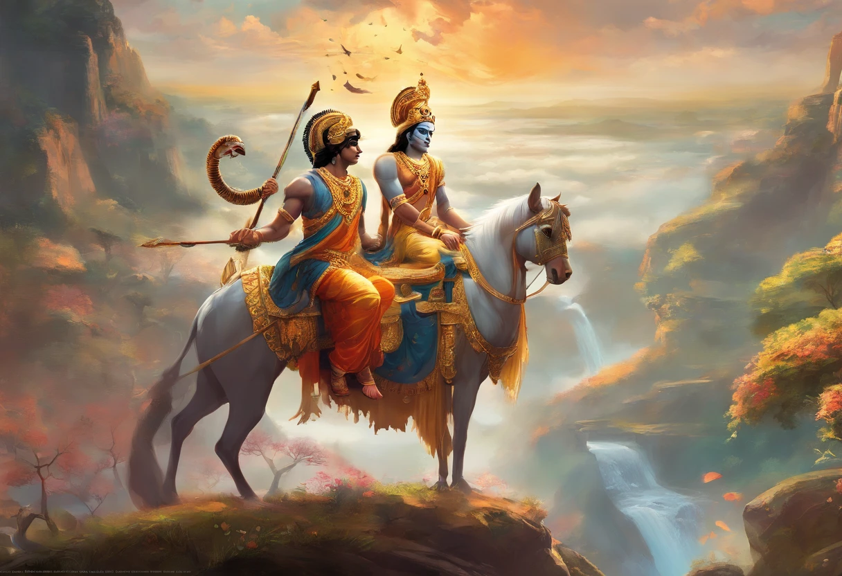 An artist's depiction of Lord Krishna and Arjuna, cena do bhagavad gita