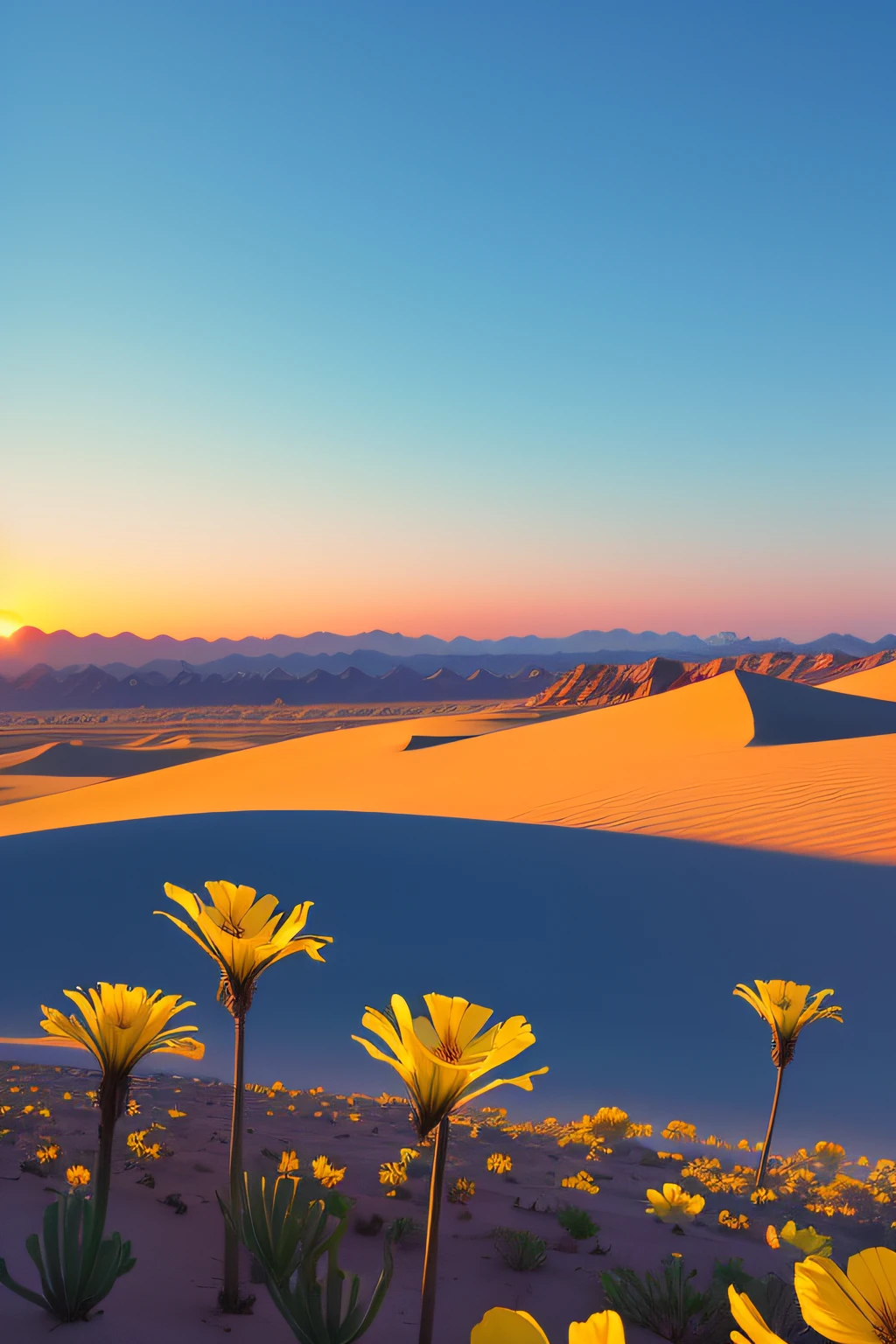 classicista, flores no deserto,margaridas,intense blue sky,por do sol entre as montanhas, extremely high quality