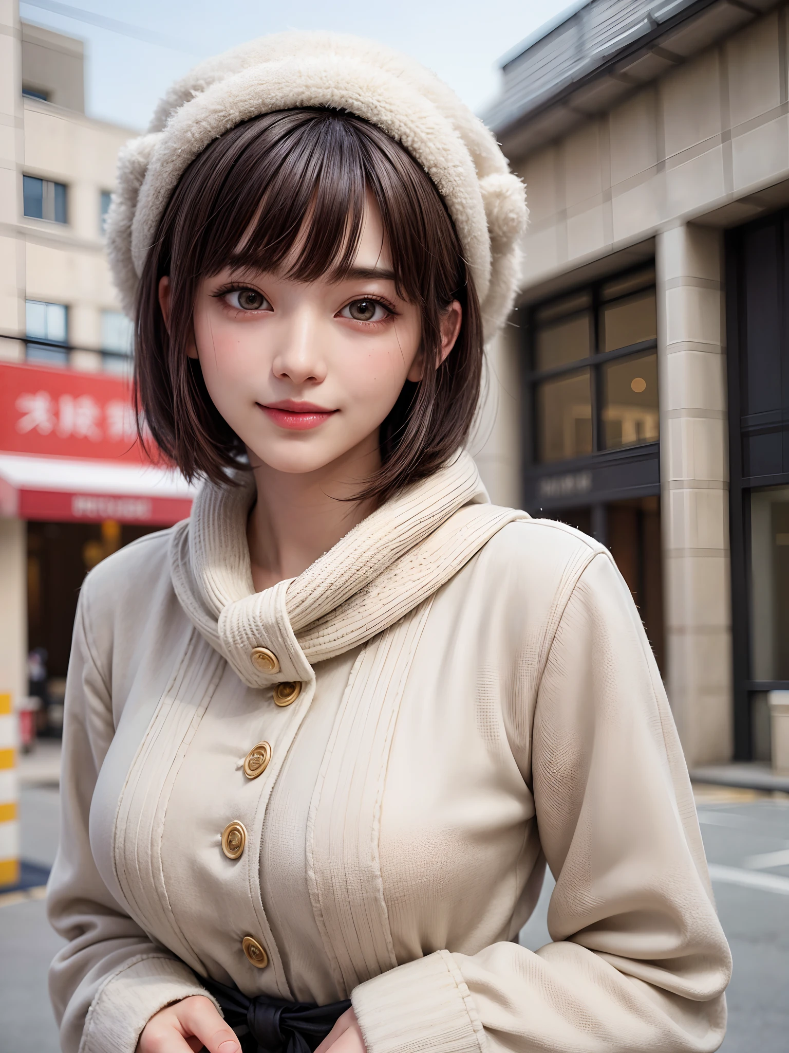 (masterpiece, top-quality),1girl in, 独奏, A dark-haired, scarf, Hats,, realisitic, looking at the viewers, black eyes of light color, shorth hair, coat, Winter clothes, White headscarf, s lips, lipgloss,bangss,, a closed mouth, The upper part of the body、big eye、Lashes、((Street))、((Shorthair with bangs、big eye、Put very strong highlights in your students、very Bigger breasts、gazing at viewer、Very beautiful beauty、Put your ears out、long neck、little smiling、Close your mouth and smile)))、