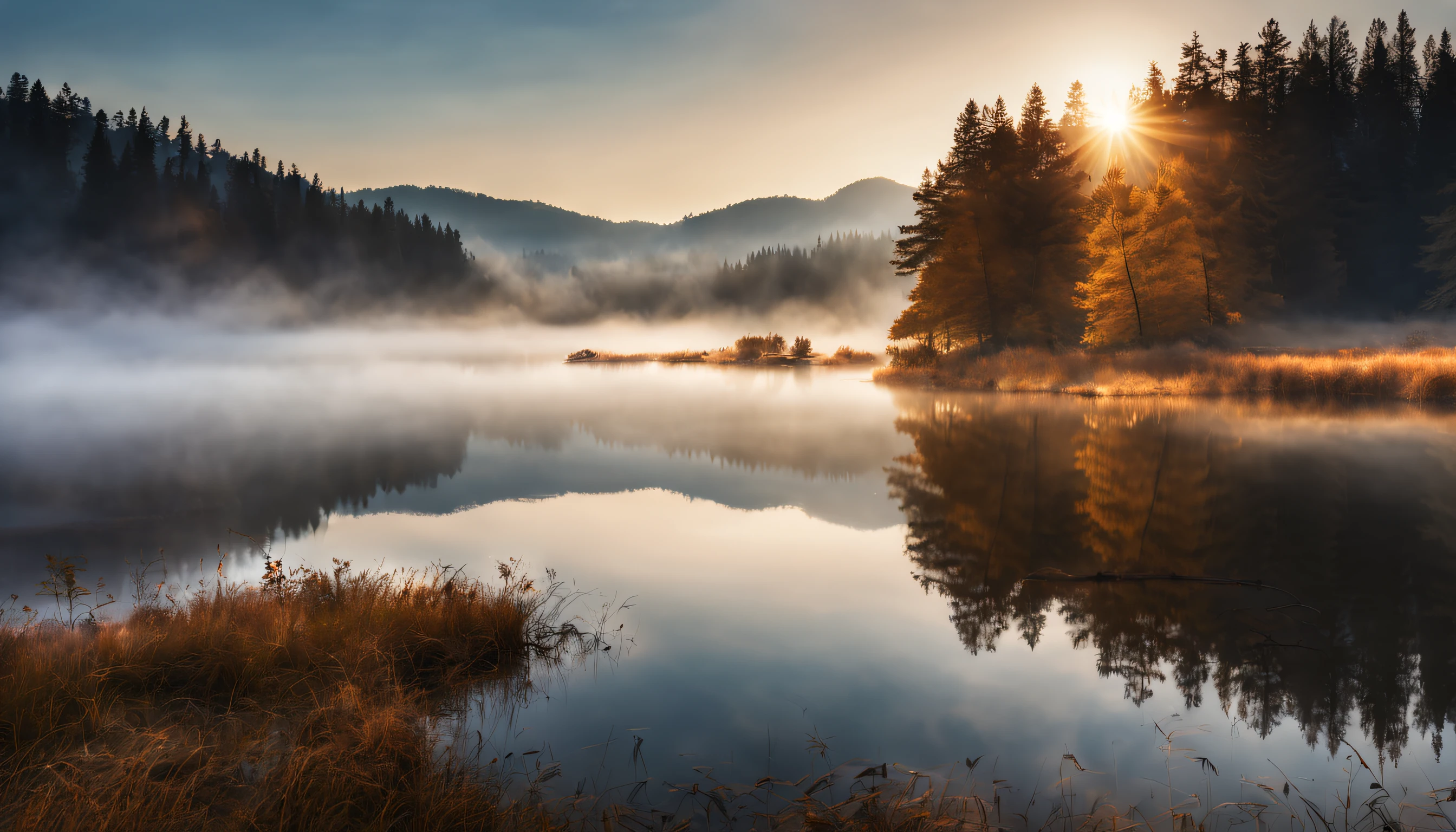 (best quality,4k,highres,masterpiece:1.2),ultra-detailed,realistic,beautiful landscape photography,mountain,lake,geese,heavy fog,morning,mist,cinematic,log,raw,landscape photography,vivid colors,physically-based rendering,fine art bokeh,professional,hdr lighting,long shadow,serene landscape,sunrise gradient,peaceful ambiance,tranquil view,blue water reflection,subtle contrast,silhouette,ethereal atmosphere,soft lighting,calm and quiet,layered peaks,serene lake,delicate mist swirling around mountains,hint of golden morning light,crisp details on every leaf of the trees,geese gracefully gliding across the lake,moody and mysterious vibe,raw and unfiltered beauty of nature,perfect harmony between elements,visually stunning composition,stunning depth and clarity,awe-inspiring natural beauty,majestic scenery unfolding before your eyes.