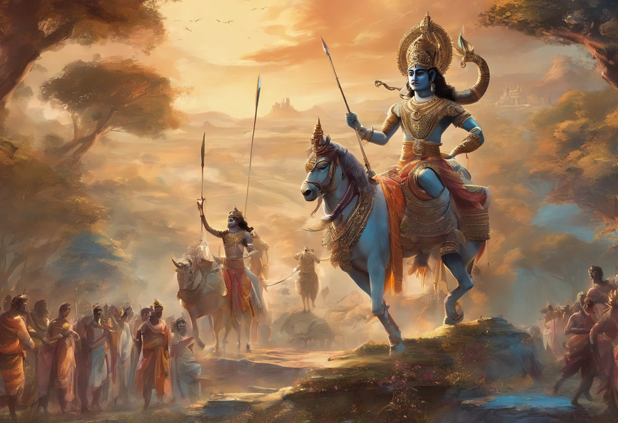 An artist's depiction of Lord Krishna and Arjuna, carruagem, campo de batalha, cena do bhagavad gita