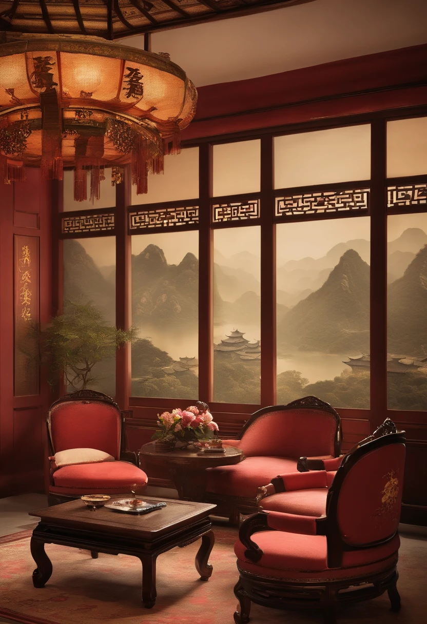 Chinese scene,Vintage furniture,There are flowers on it,Classical Chinese aesthetics,oriental wallpaper,Antique rhyme,Chinese painting style,softlighting,high-definition picture quality