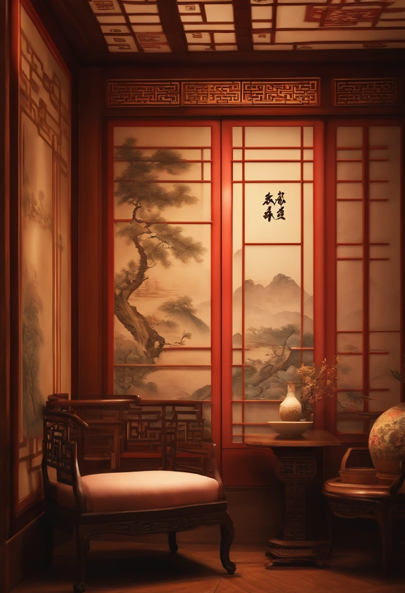 Chinese scene,Vintage furniture,There are flowers on it,Classical Chinese aesthetics,oriental wallpaper,Antique rhyme,Chinese painting style,softlighting,high-definition picture quality