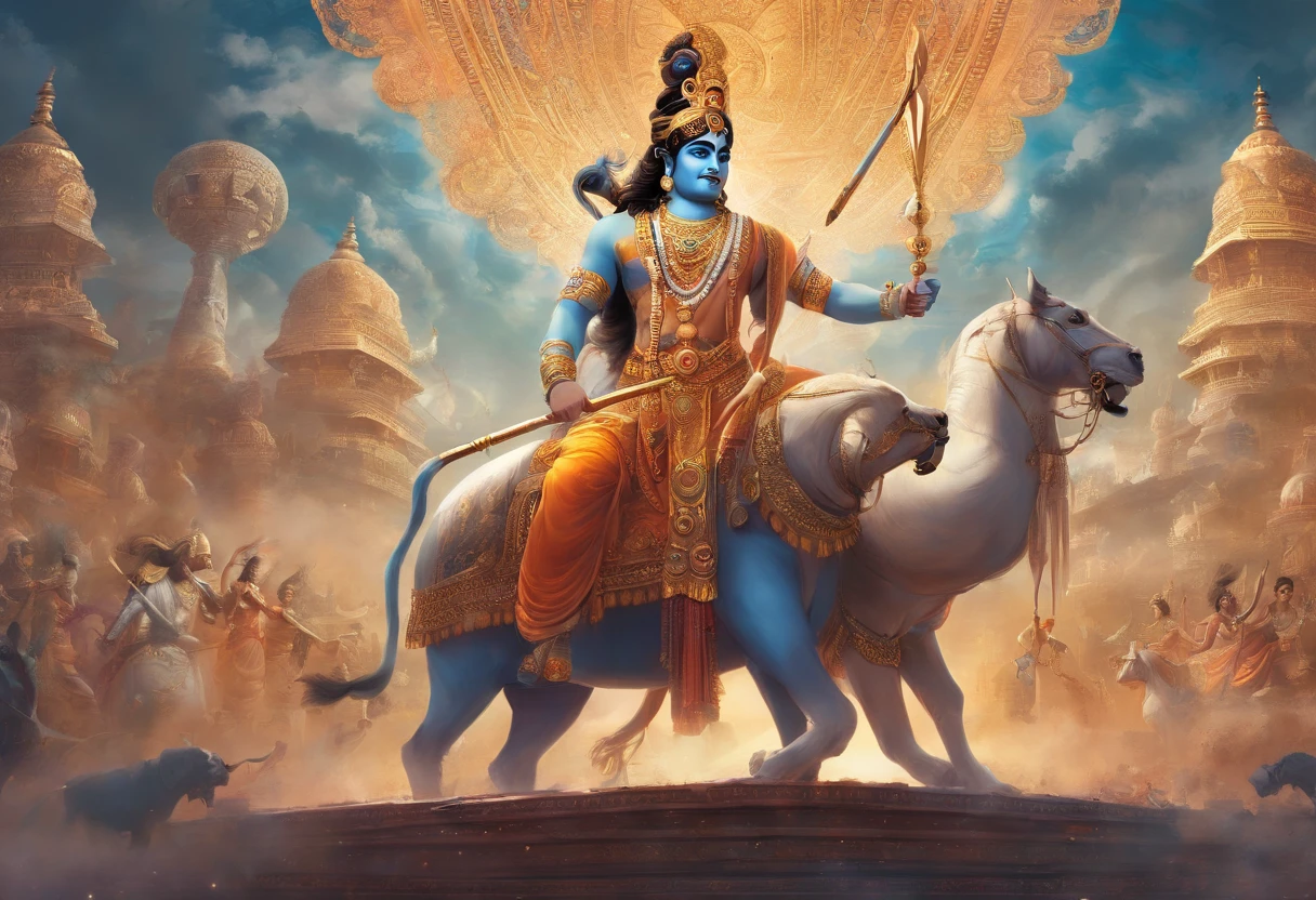 An artist's depiction of Lord Krishna and Arjuna, , cena do bhagavad gita