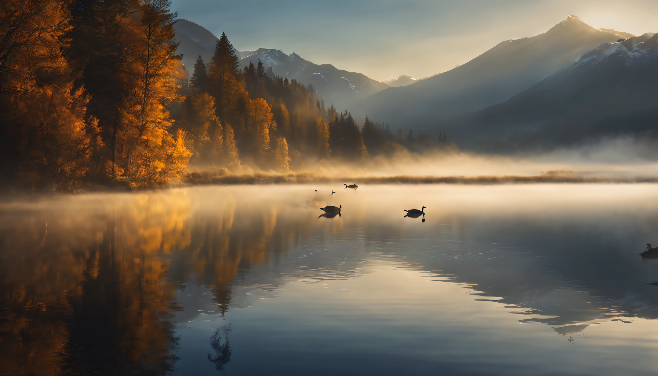 (best quality,4k,highres,masterpiece:1.2),ultra-detailed,realistic,beautiful landscape photography,mountain,lake,geese,heavy fog,morning,mist,cinematic,log,raw,landscape photography,vivid colors,physically-based rendering,fine art bokeh,professional,hdr lighting,long shadow,serene landscape,sunrise gradient,peaceful ambiance,tranquil view,blue water reflection,subtle contrast,silhouette,ethereal atmosphere,soft lighting,calm and quiet,layered peaks,serene lake,delicate mist swirling around mountains,hint of golden morning light,crisp details on every leaf of the trees,geese gracefully gliding across the lake,moody and mysterious vibe,raw and unfiltered beauty of nature,perfect harmony between elements,visually stunning composition,stunning depth and clarity,awe-inspiring natural beauty,majestic scenery unfolding before your eyes.