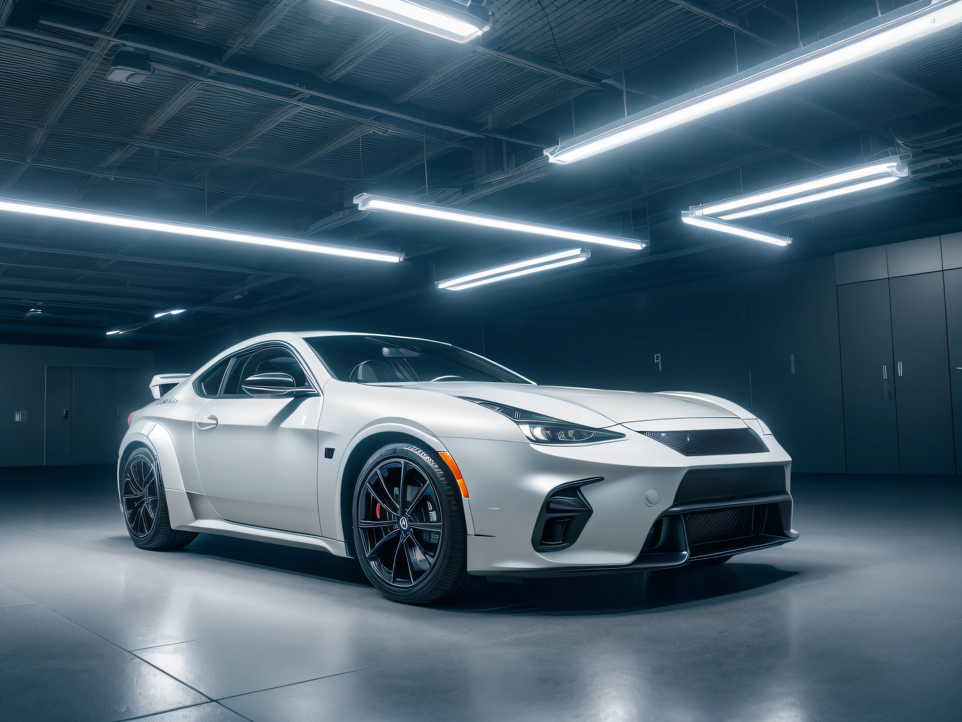 indoor, exbihition car space, shimmering monochromatic light, (Masterpiece,best quality,8k uhd,dslr,soft lighting,high quality,hyper detail,film grain,Fujifilm XT3, UE 5 render 8k, super high resolution, supper detail:1.2, dynamic lighting, cyber light, magic neon light), glossy floor