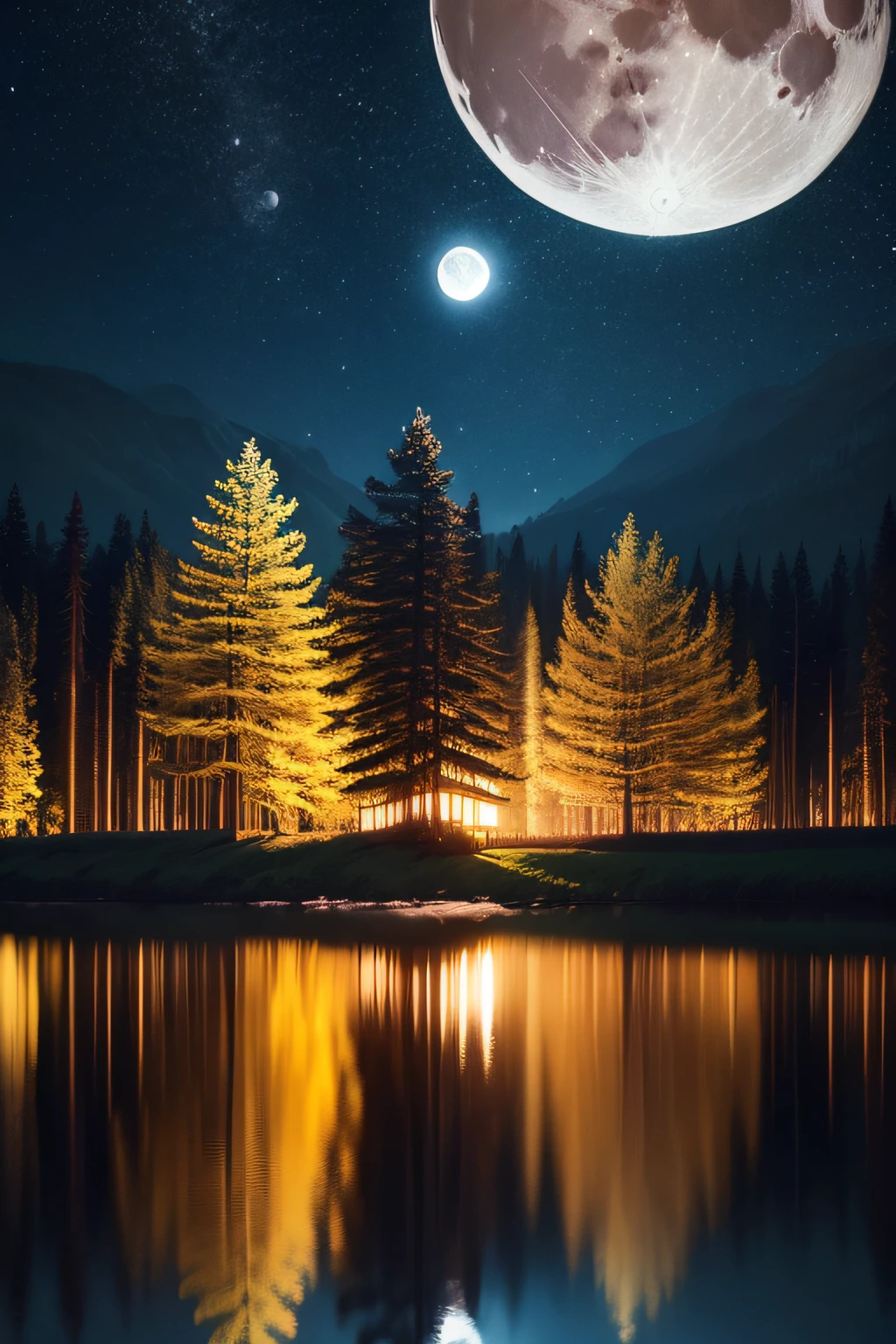 Expressionista,giant trees,noite,Reflection of the Moon, estrelas, extremely high quality