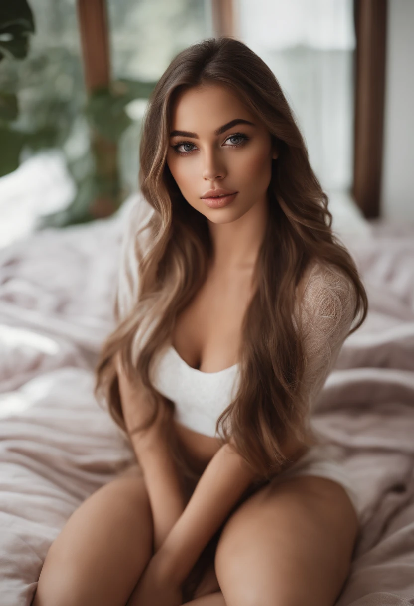 arafed woman fully , sexy girl with brown eyes, ultra realistic, meticulously detailed, portrait sophie mudd, brown hair and large eyes, selfie of a young woman, bedroom eyes, violet myers, without makeup, natural makeup, looking directly at the camera, face with artgram, subtle makeup, stunning full body shot kneeling on bed, in bedroom, medium to large size bust