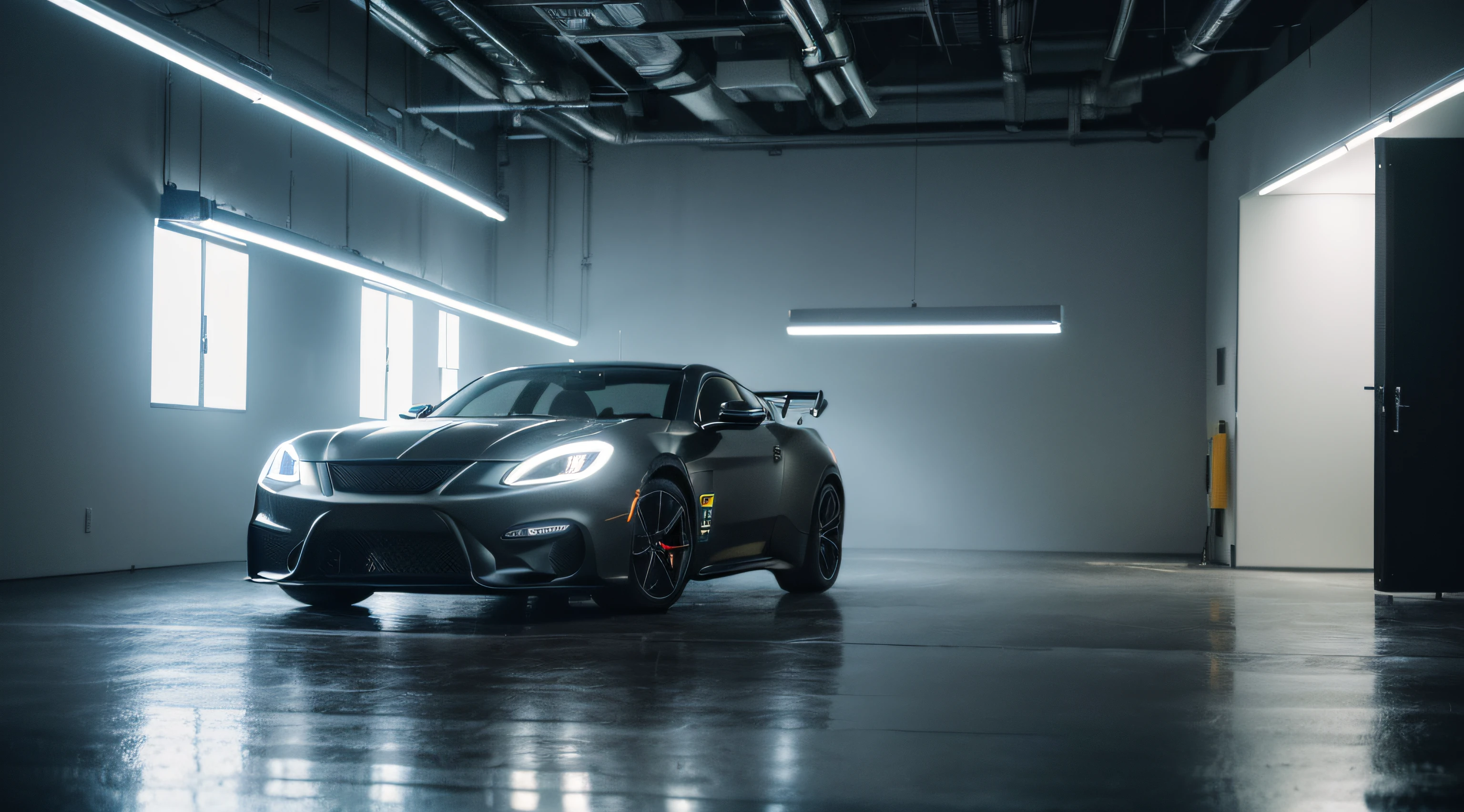 indoor, exbihition car space, shimmering monochromatic light, (Masterpiece,best quality,8k uhd,dslr,soft lighting,high quality,hyper detail,film grain,Fujifilm XT3, UE 5 render 8k, super high resolution, supper detail:1.2, dynamic lighting, cyber light, magic neon light), glossy floor