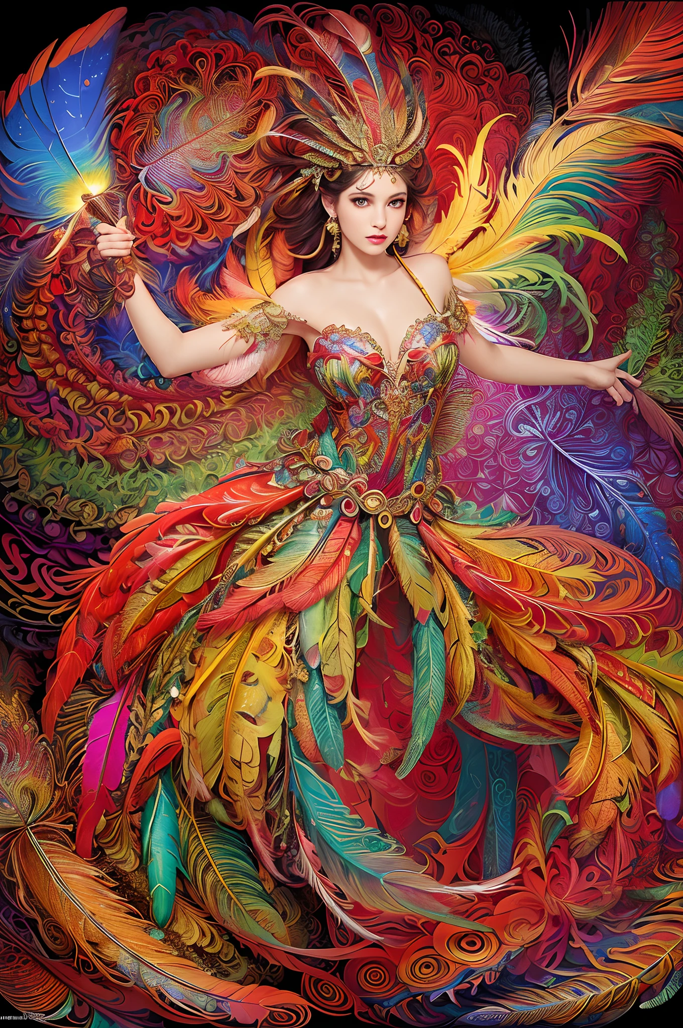 Heavenly Male Drag Queen,Peacock style massive dress,Vibrant colors,Beautiful fine details,Beautiful lip detail,Exotic makeup,Glittering plumage,Sparkling accessories,Colorful headpiece,High heels,Great presence,Dramatic lighting,Studio shot,Super detailed,Realistic