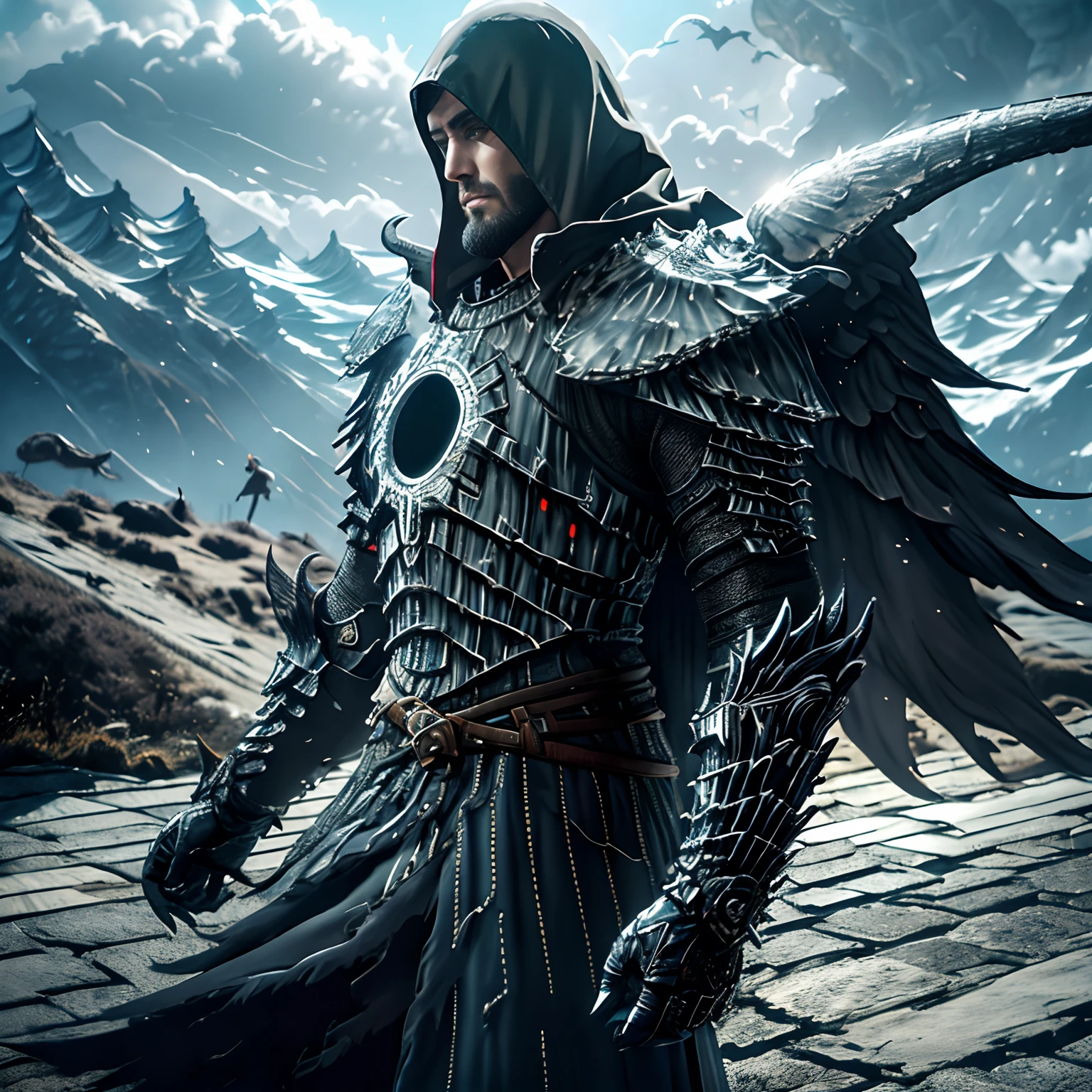 Im stiel von Paolo Giardi, extrem detailliertes 8k-Hintergrundbild), kompliziert, detailreich, dramatisch, The Dragon Lord wears highly detailed black steel shoulder pads modeled after dragon heads, with shimmering silver embellishments and ornaments, an overlying gray cape with an extremely beautifully detailed large hood pulled deep into the young bearded face, highly detailed gray feathered wings with translucent membranes, wahnsinnig realistischen Grafiken, wahnsinnig detaillierten Details, ultra realistic and highly detailed heavy black steel armor with shiny silver shiny embellishments on a silver gray tunic, extrem detaillierte schwere schwarze Stahl Handschuhe, Steel boots with reinforced shiny silver embellishments, steht auf der Spitze eines Gebirgszuges, gloomy storm clouds swirl around the mountain range below him, blitze und Fligende dunkle Flammenspeiende Finsterdrachen sind im Hintergrund am Horizont,