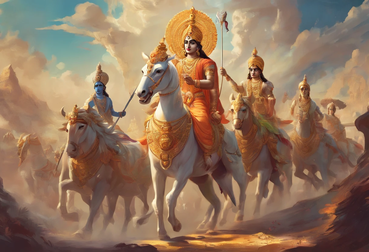 An artist's depiction of Lord Krishna and his disciple Arjuna, cena do bhagavad gita