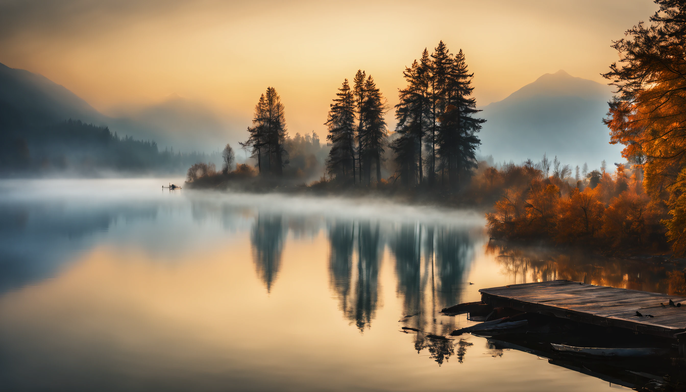 (best quality,4k,highres,masterpiece:1.2),ultra-detailed,realistic,beautiful landscape photography,mountain,lake,geese,heavy fog,morning,mist,cinematic,log,raw,landscape photography,vivid colors,physically-based rendering,fine art bokeh,professional,hdr lighting,long shadow,serene landscape,sunrise gradient,peaceful ambiance,tranquil view,blue water reflection,subtle contrast,silhouette,ethereal atmosphere,soft lighting,calm and quiet,layered peaks,serene lake,delicate mist swirling around mountains,hint of golden morning light,crisp details on every leaf of the trees,geese gracefully gliding across the lake,moody and mysterious vibe,raw and unfiltered beauty of nature,perfect harmony between elements,visually stunning composition,stunning depth and clarity,awe-inspiring natural beauty,majestic scenery unfolding before your eyes.