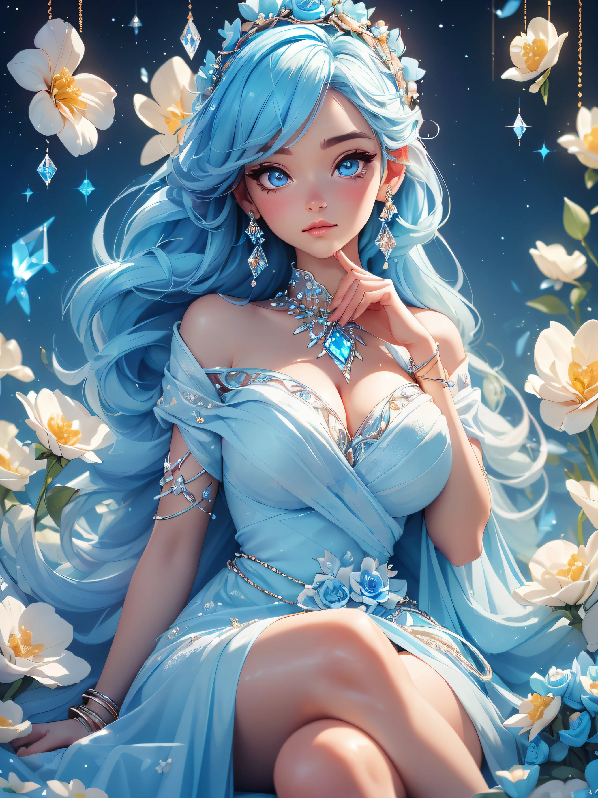 ((a close body portrait of an attractive beautiful goddess sitting beside colorful blue rose flowers)), ((dressed in a long linen blue dress with decorations of crystal light blue pieces of jewelry and 1 white flower pin to her waist.)) she has blue crystal eyes and long light blue hair sliding straight down her back)), (capture the scene and the ethereal grace of her surroundings, blue rose flowers, wearing diamond crystal earrings and the blue stars up the far sky), best lighting effects, high quality, best quality, sharp focus, hyperdetailed, 8K, vibrant colors