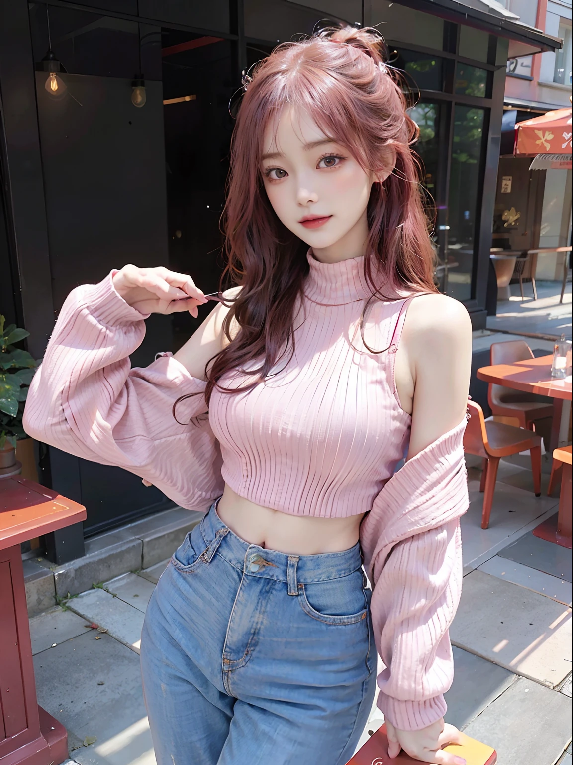 This beautiful girl is、She is a charming being with pink hair and red eyes.。Adapt to the autumn season、Wear a sweater and jeans。The sweater is a warm crimson color、In harmony with her skin。Jeans beautifully complement the lines of the body、It allows free movement。
Her eyes were bright red.、He has passionate eyes.、Be enchanted by the beautiful scenery of autumn。Her hair is pink、Although it is fluttering in the autumn breeze、Its beauty does not change。The color spreads like autumn leaves in the hair。
She enjoys the autumn sunshine、Admire the beauty of nature。Her smile is warm、Enjoying the charm of autumn to the fullest。This beautiful girl wears autumn fashion with confidence and charm.。