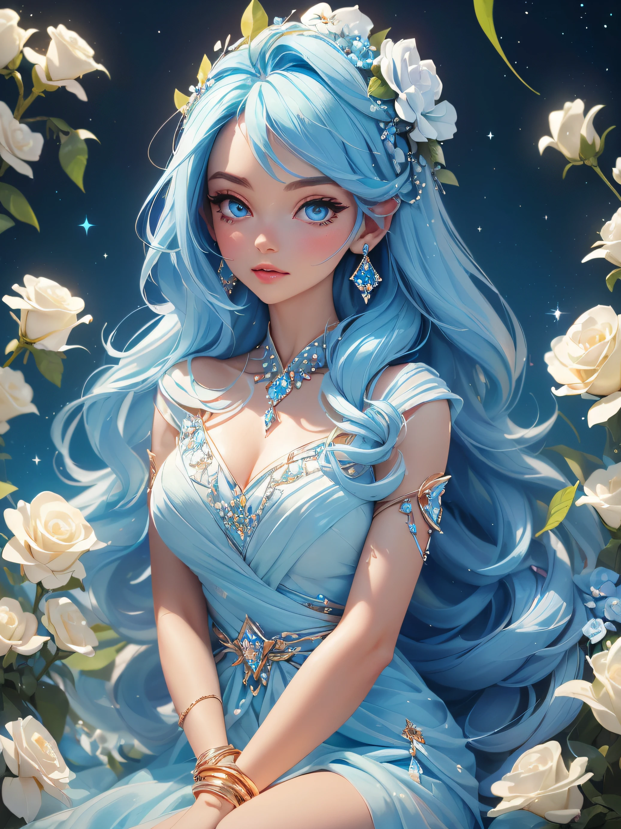 Light blue hair　Wave Shorthair　Light blue eyes　beautiful girl　White flower hair ornament　beautiful　White Flower Field　White Dress　Fairytale castle　smile
