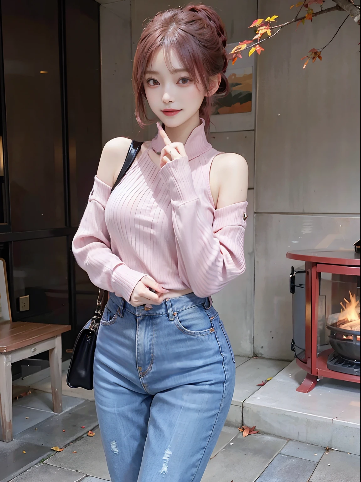 This beautiful girl is、She is a charming being with pink hair and red eyes.。Adapt to the autumn season、Wear a sweater and jeans。The sweater is a warm crimson color、In harmony with her skin。Jeans beautifully complement the lines of the body、It allows free movement。

Her eyes were bright red.、He has passionate eyes.、Be enchanted by the beautiful scenery of autumn。Her hair is pink、Although it is fluttering in the autumn breeze、Its beauty does not change。The color spreads like autumn leaves in the hair。

She enjoys the autumn sunshine、Admire the beauty of nature。Her smile is warm、Enjoying the charm of autumn to the fullest。This beautiful girl wears autumn fashion with confidence and charm.。