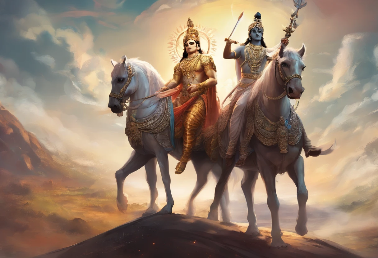 An artist's depiction of Lord Krishna and his disciple Arjuna, cena do bhagavad gita