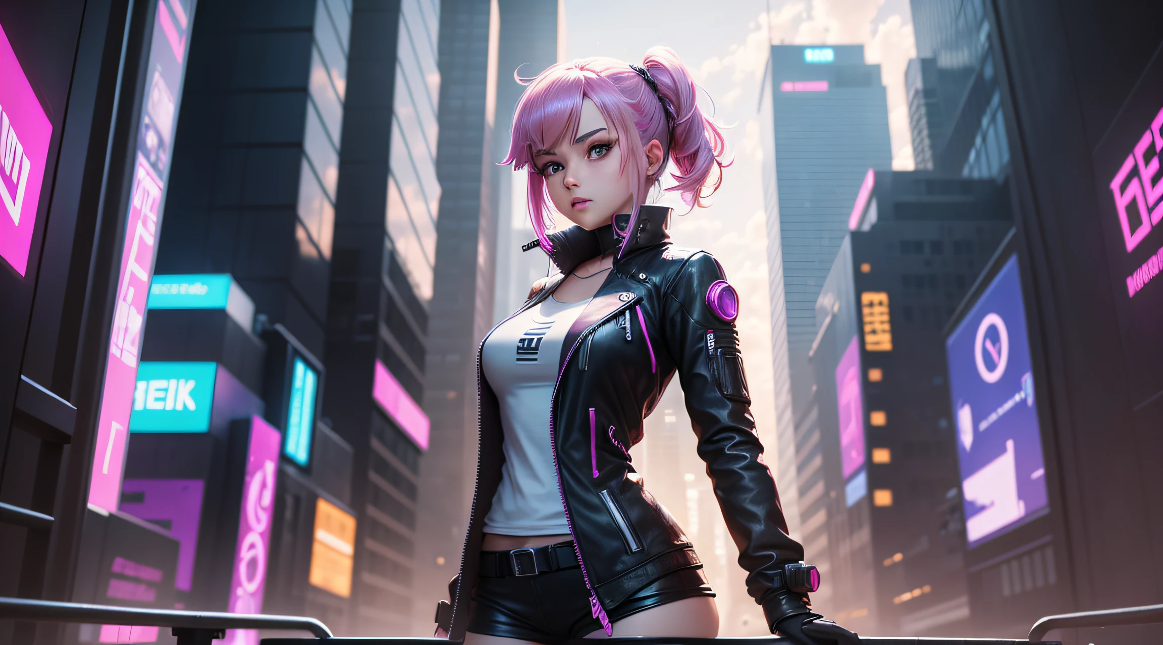 Hello I would like to make a photo of Perkence Rebecca from the anime cyber punk 2077 I wish she was looking at Hello City I would like to make a photo of Perçonage Rebecca from the anime Cyber Punk 2077 I wish she was looking at Nigti City The size should be proportional to the YouTube videos The image should be horizontal