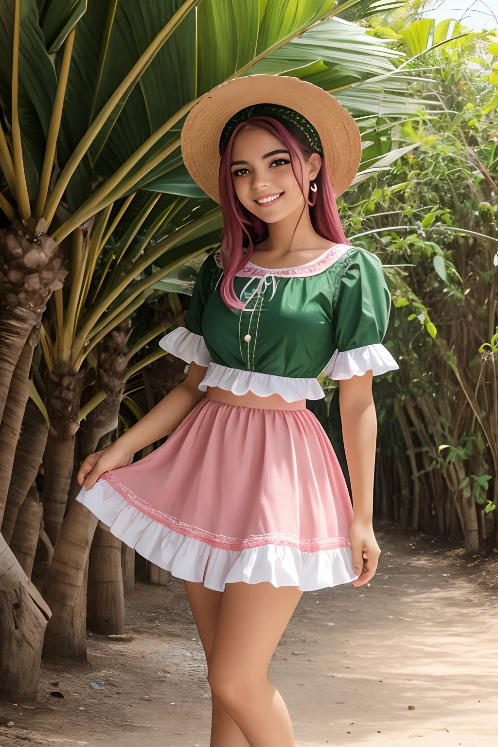 Garota de 10 anos, cabelo rosa, cabelo longo, olhos verdes, sardas no rosto, Hispanic girl, sorriso leve, blusa branca, saia rosa, sapatilha rosa, strawberry hat