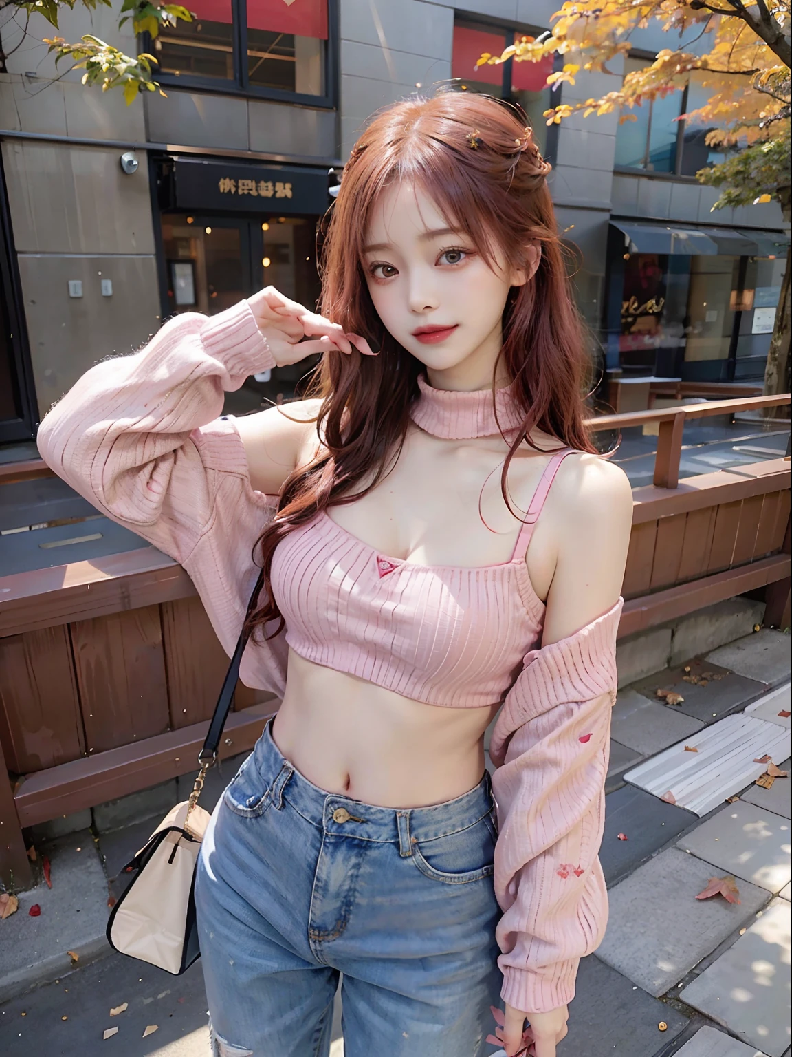 This beautiful girl is、She is a charming being with pink hair and red eyes.。Adapt to the autumn season、Wear a sweater and jeans。The sweater is a warm crimson color、In harmony with her skin。Jeans beautifully complement the lines of the body、It allows free movement。
Her eyes were bright red.、He has passionate eyes.、Be enchanted by the beautiful scenery of autumn。Her hair is pink、Although it is fluttering in the autumn breeze、Its beauty does not change。The color spreads like autumn leaves in the hair。
She enjoys the autumn sunshine、Admire the beauty of nature。Her smile is warm、Enjoying the charm of autumn to the fullest。This beautiful girl wears autumn fashion with confidence and charm.。