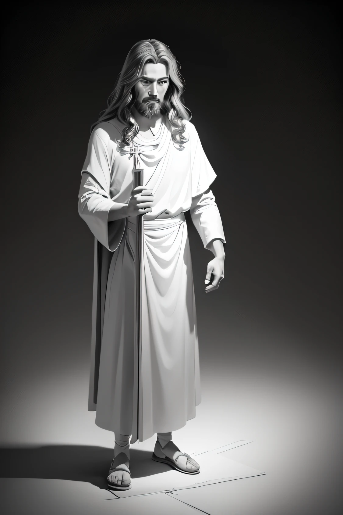 Create an Amoled Huntergrund image with a black background and in the foreground a grey marble statue of Jesus Christ in