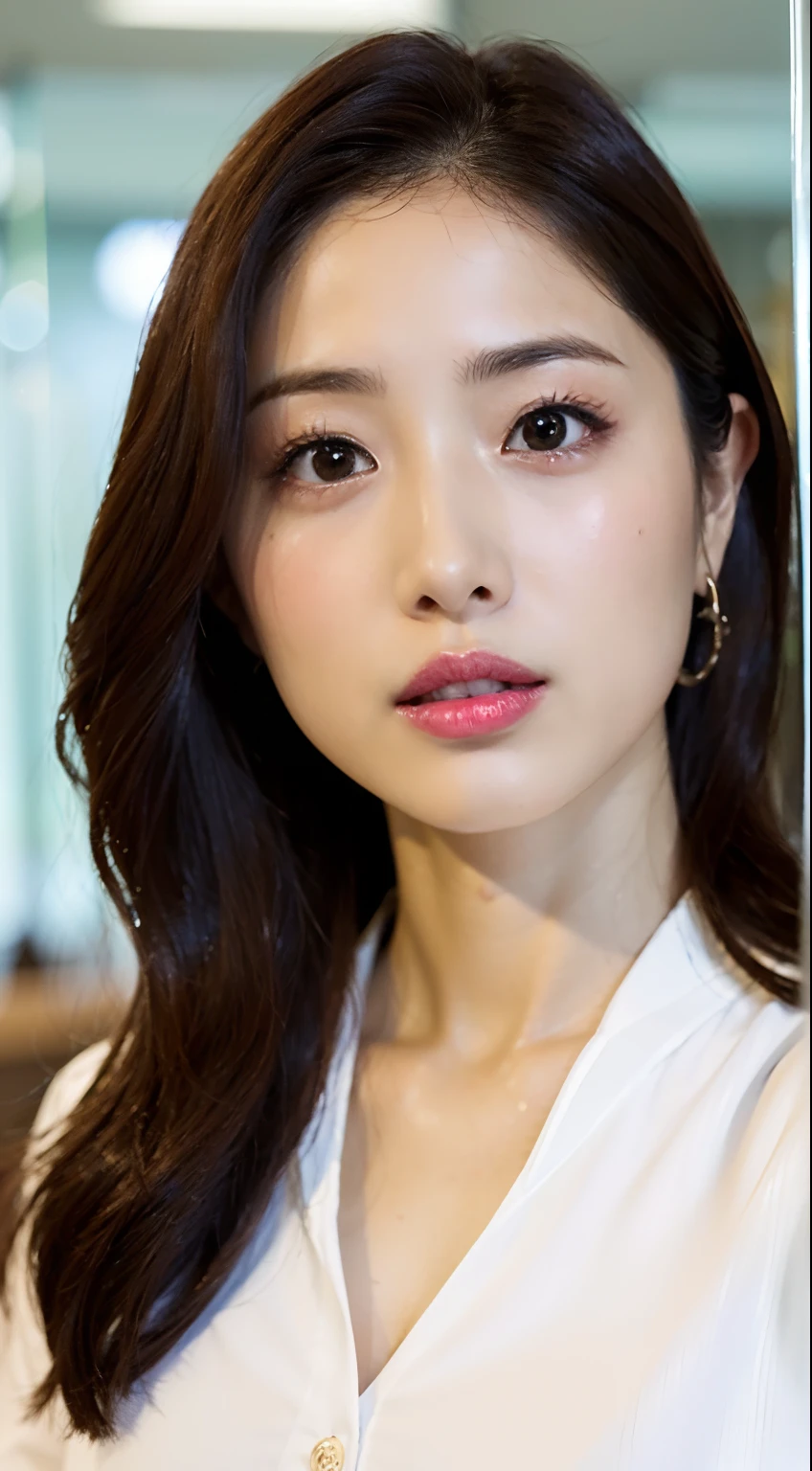 (masutepiece:1.3), High resolution, ultra-detailliert, the Extremely Detailed CG Unity 8K Wallpapers, Realistic, Photorealsitic, Raw photo, beautifull detailed face, pale skin, realistic glistening skin, Detailed Cloth Texture, detailed hair texture, Perfect body, Beautiful face, acurate, Anatomically correct, Highly detailed face and skin texture, Natural neck length, (Beautiful hands), (Fair skin:1.2), thin legs, Thin feet, (Satomi Ishihara)、(((Big lips that sparkle)))
BREAK, 
Detailed eyes, symmetrical eye, Light brown eyes, Double eyelids, Thin eyebrows, (Glossy lips:1.4), ((worried face:1.4)), (blush:1.1), Wet body, 
BREAK, 
(a very pretty girl:1.3), (Wear a button shirt, Slit skirt, Wear a blazer:1.2), 
medium breasts:0.5, cleavage:0.125, (firm breasts, nice shaped breasts, Slender figure:1.1), Firm abs, 
(dark brown hair, Wavy Hair, Medium Long Hair:1.2), ((swept bangs:1.2)), 
BREAK, 
((Cornered by a wall of glass、Stand in a selfie pose:1.3)), 
BREAK, 
((Stylish large meeting room in the office, At night:1.3)), (upperbody shot:1.2), Looking at Viewer, From  above,