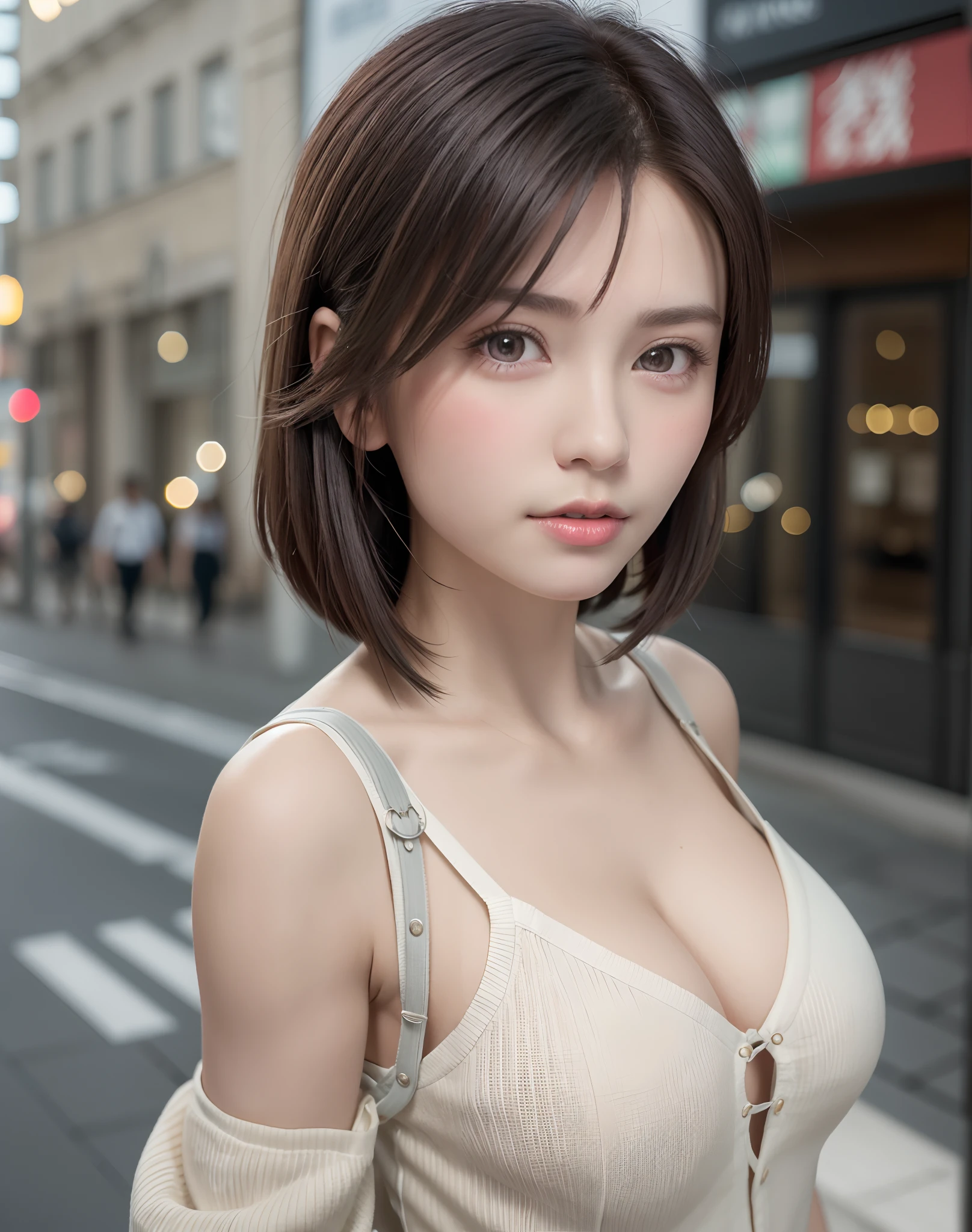 (masterpiece: 1.3), (8K, Photorealista, Photo Raw, top-quality: 1.4), full bodyesbian, Walking the streets of Tokyo, (1girl in), gorgeous faces, (lifelike face), (A dark-haired, short-haired: 1.3), Gorgeous hairstyle, realisticeyes, beautiful finely detailed eyes, (Pere Lealis...
