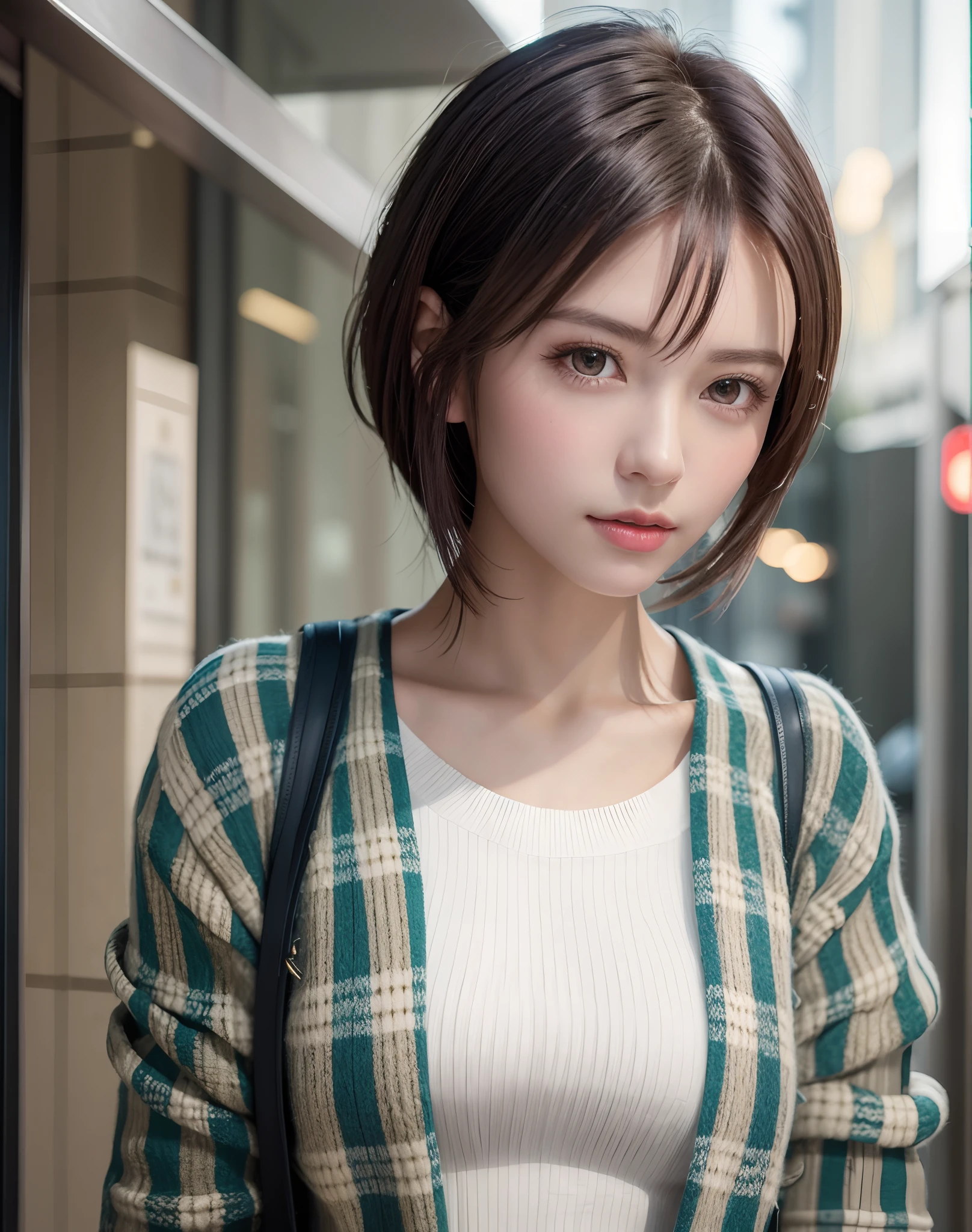 (​masterpiece: 1.3), (8K, Photorealista, Photo Raw, top-quality: 1.4), full bodyesbian, Walking the streets of Tokyo,  (1girl in), gorgeous faces, (lifelike face), (A dark-haired, short-haired: 1.3), Gorgeous hairstyle, realisticeyes, beautiful finely detailed eyes, (Pere Lealis...