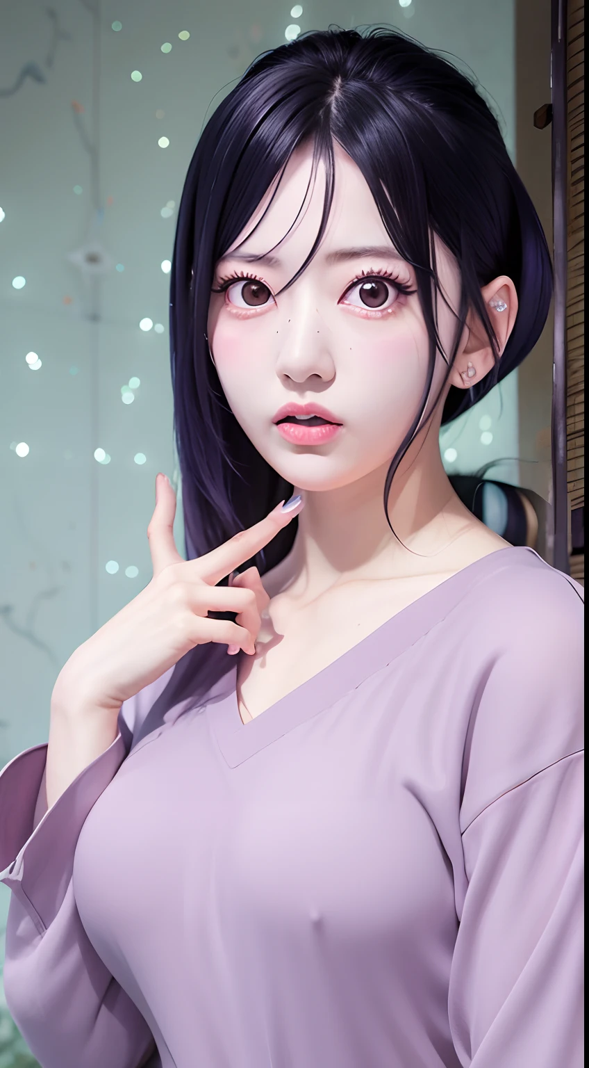 Hinata /(boruto), hinata Hyuuga, best quality, ultra high res, (photorealistic:1.4), (detailed beautiful girl:1.4), (medium breasts:0.8), looking_at_viewer, Detailed facial details, beautiful detailed eyes, dark blue hair, purple eyes, slender, haunting smile, (makeup:0.3), red lips, highly detailed clothes, (ulzzang-6500-v1.1:0.3)