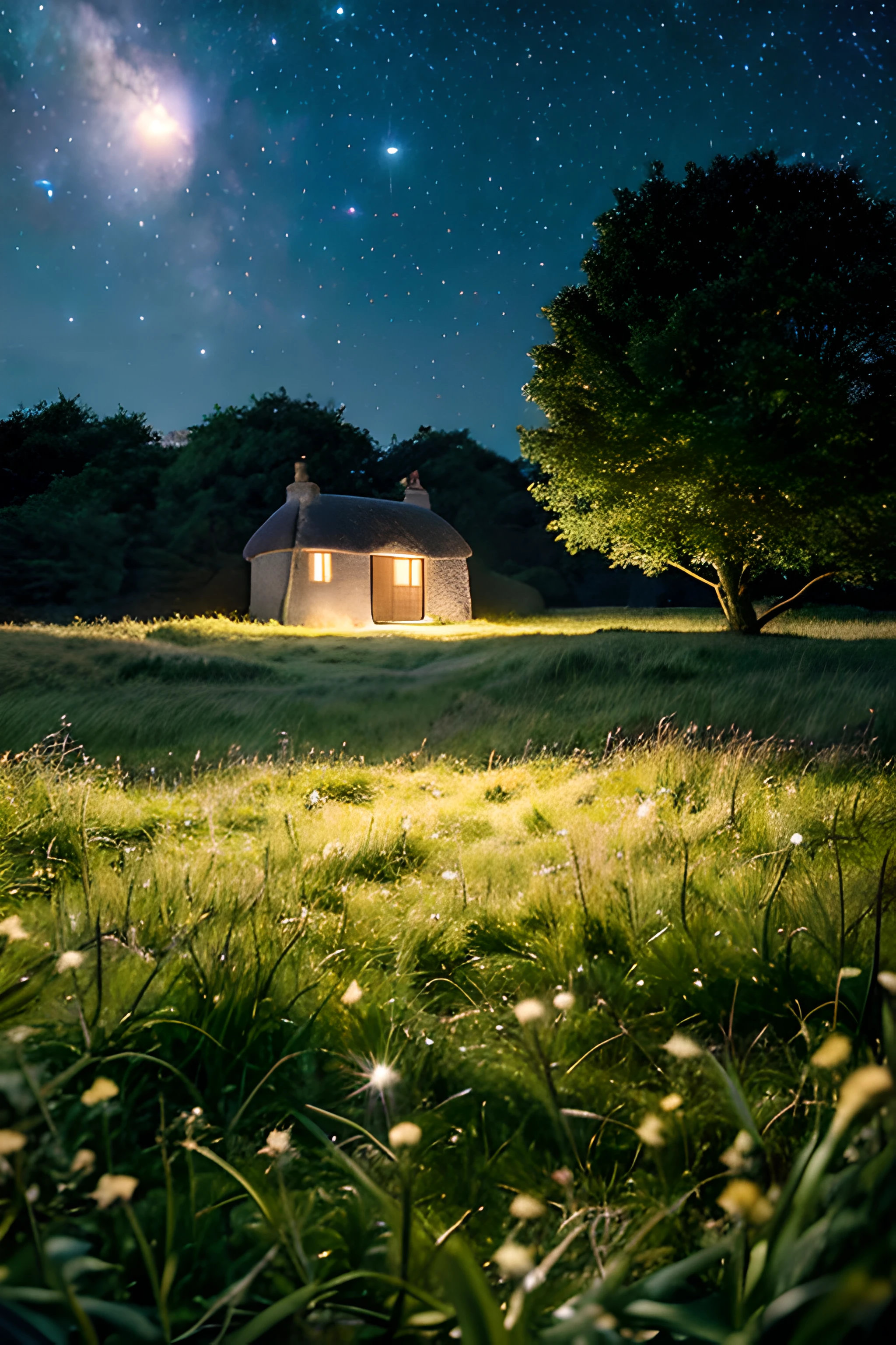 A small cottage sits in the fields and is overlooked by a galaxy in the night time sky.