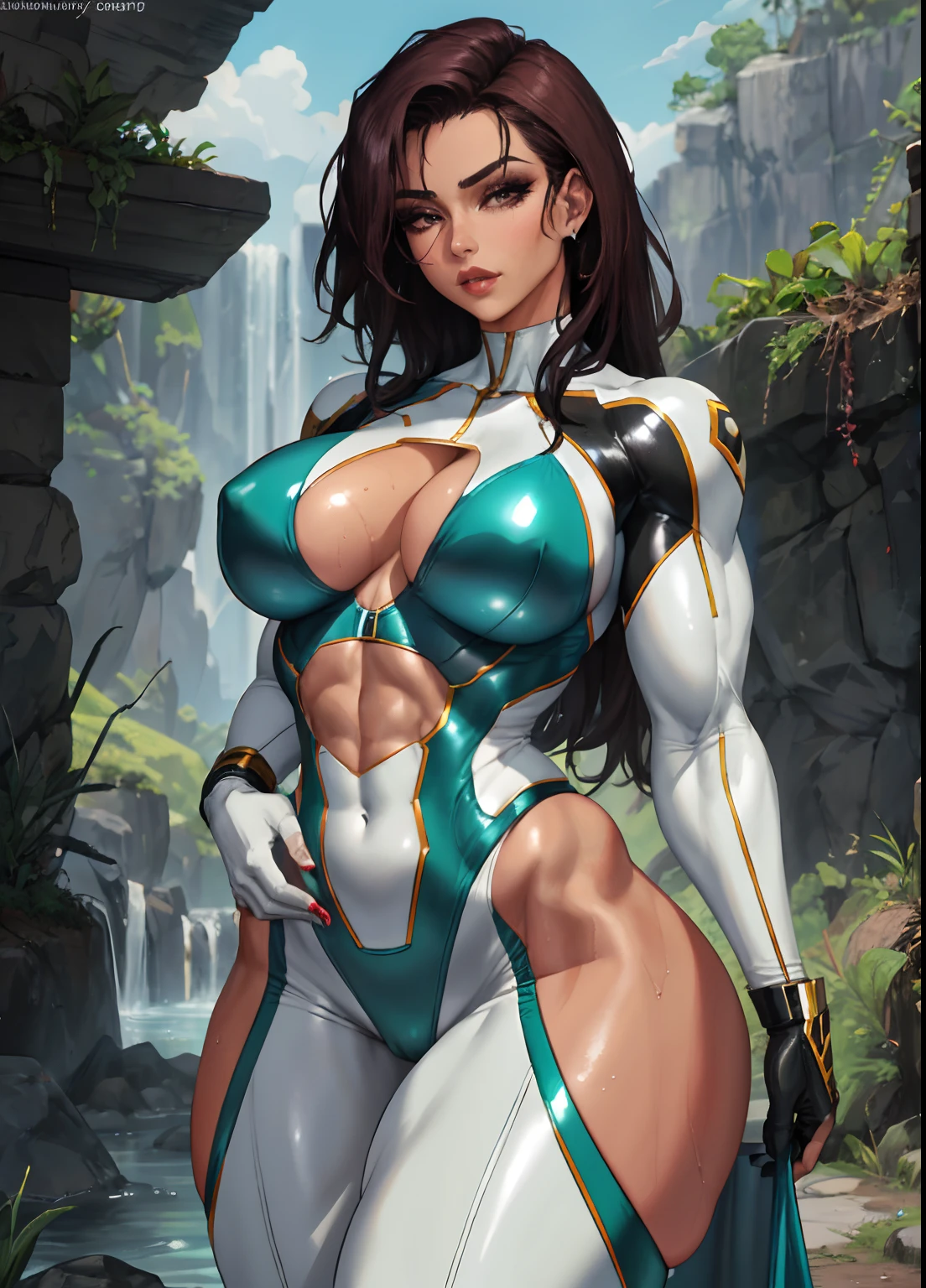 1girl, gorgeous, muscular, thick thighs, mature female, abs, wide hips, (masterpiece, high quality:1.1) ,shiny skin, soft, smooth skin, breast indentation, tight suit, busty, curvy, fit, toned, camel toe, lipstick, thick lips, make-up, highly detailed, kawaii, wet and shiny,