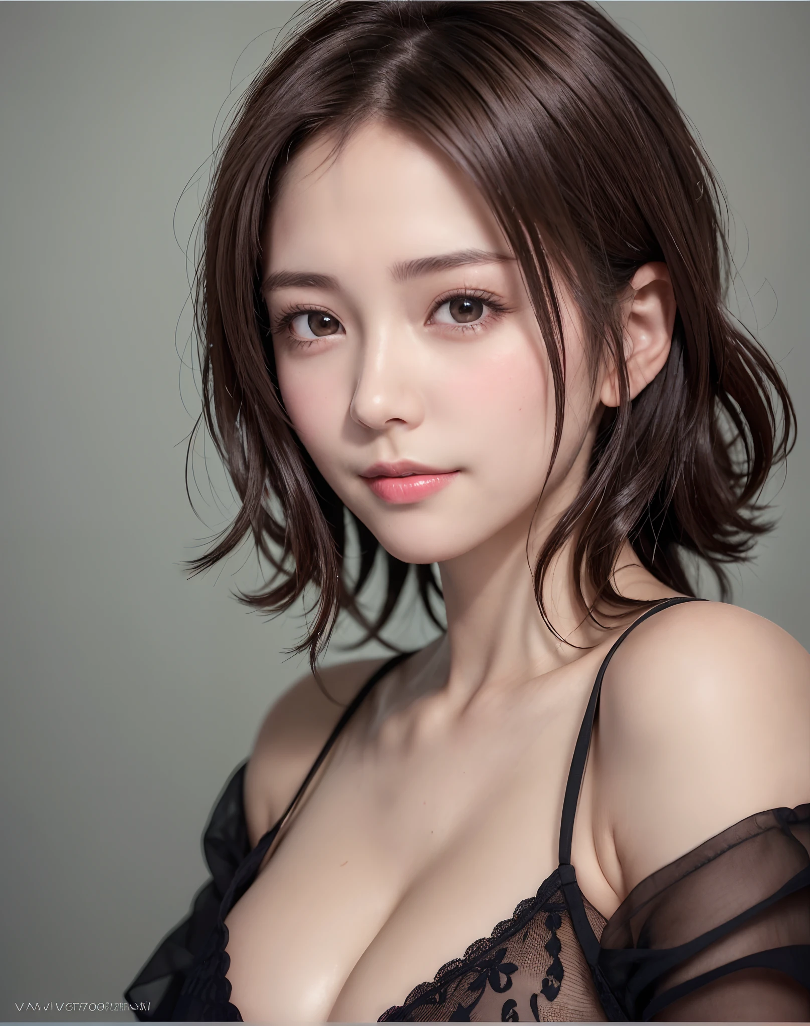 Night, Raw photography, (((Very beautiful portrait))), (Very beautiful portrait))), 1 girl, Sexy 25 year old girl, ((Short-cut natural brown hair)), [Brown eyes],Gentle smile staring at the camera(cleavage), ((masutepiece, Best Quality, Ultra Detail,...