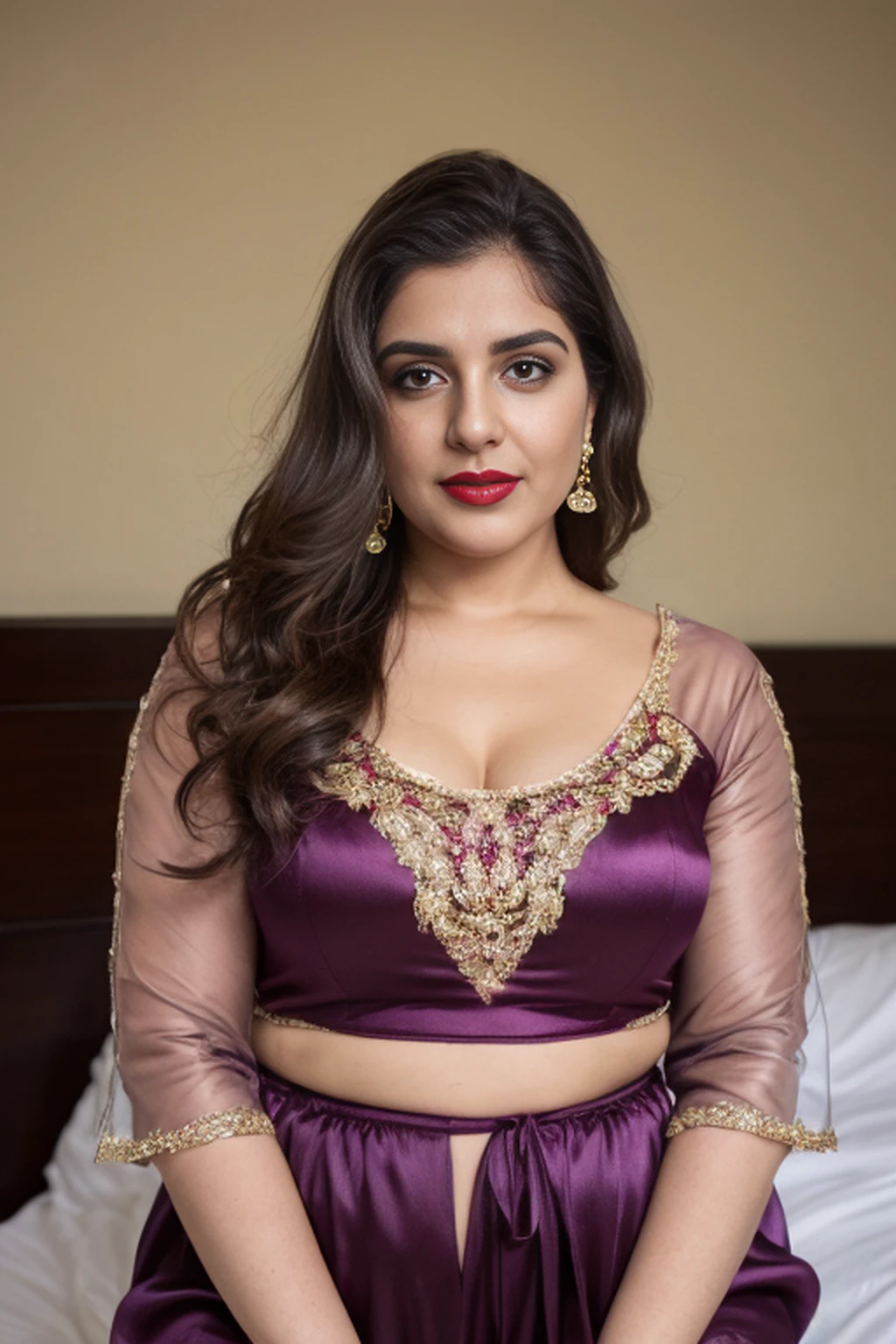 35mm lens, full length portrait, 34 year old pakistani woman, hard light, bedroom, ((slob)) wearing plum blue satin attire, (tight satin) curvy figure, detailed face, 8k, detailed features, dark brown short hair, brown highlight hair, casual posing, human skin (visible facial pores:1.2), human skin has [visible|[(wrinkles:0.625)|small pores]] ((transparent sleeves)) skin texture, detailed skin (lipstick) (half sleeves attire) (plus size woman) (hot mom) wide hips, thick thighs, busty, thick thighs, wide waist, sexy, hot woman, (transparent clothes) sexy satin, dslr, 8k