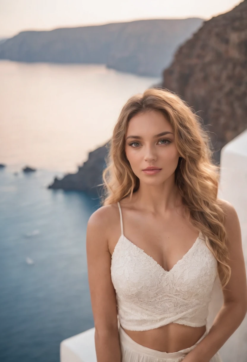 Sexy woman, 20 years old, slim, athletic, tanned skin, big breasts, narrow waist, curly blonde hair, instagram model, realistic, instagram picture, photography, genuine, natural. greek scenery, santorini.