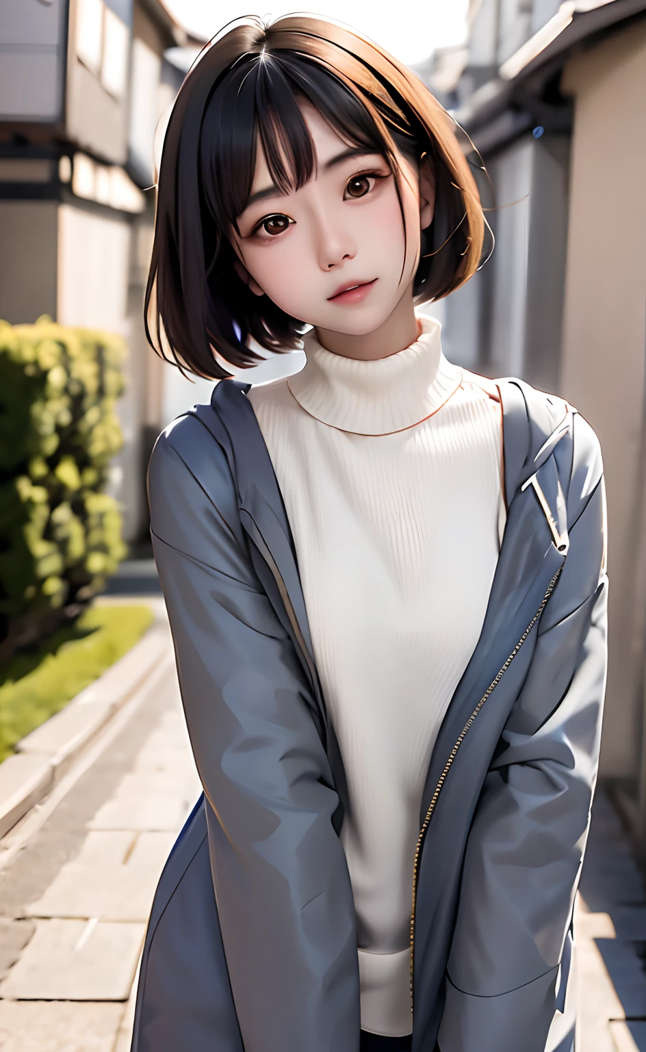 masutepiece:1.2, High quality, Best Quality, High resolution, Hyper realistic, girl with, a short bob,hair messy, Light gray eyes,Infinitely clear eyes,,High neck inner,parka,Standing,Head tilt, Sunset, plein air,Autumn Park,blurry backround, Portrait,Natural look, (Detailed face), ((foco nítido)), ((Face)), The upper part of the body_Body