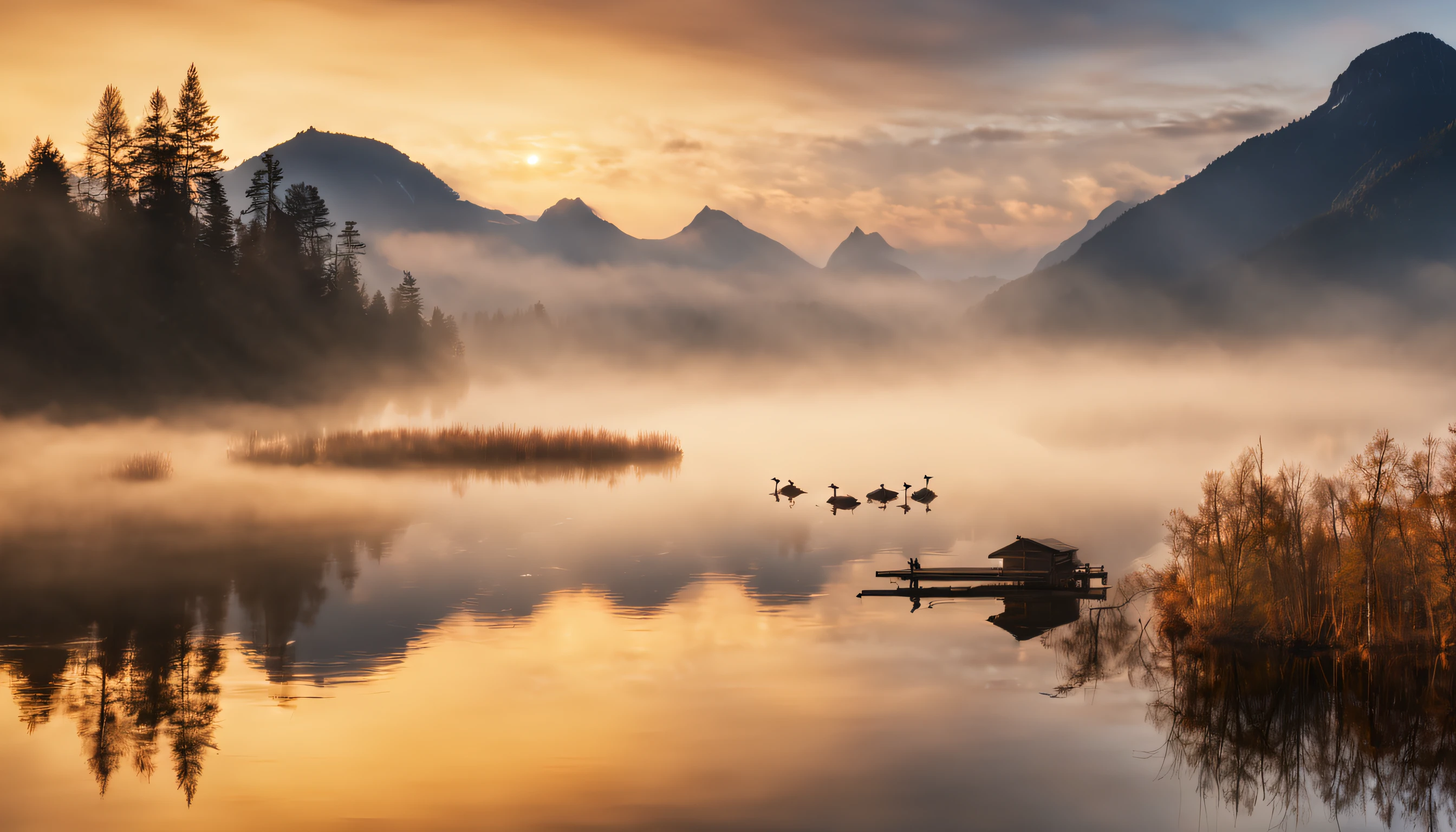 (best quality,4k,highres,masterpiece:1.2),ultra-detailed,realistic,beautiful landscape photography,mountain,lake,geese,heavy fog,morning,mist,cinematic,log,raw,landscape photography,vivid colors,physically-based rendering,fine art bokeh,professional,hdr lighting,long shadow,serene landscape,sunrise gradient,peaceful ambiance,tranquil view,blue water reflection,subtle contrast,silhouette,ethereal atmosphere,soft lighting,calm and quiet,layered peaks,serene lake,delicate mist swirling around mountains,hint of golden morning light,crisp details on every leaf of the trees,geese gracefully gliding across the lake,moody and mysterious vibe,raw and unfiltered beauty of nature,perfect harmony between elements,visually stunning composition,stunning depth and clarity,awe-inspiring natural beauty,majestic scenery unfolding before your eyes.