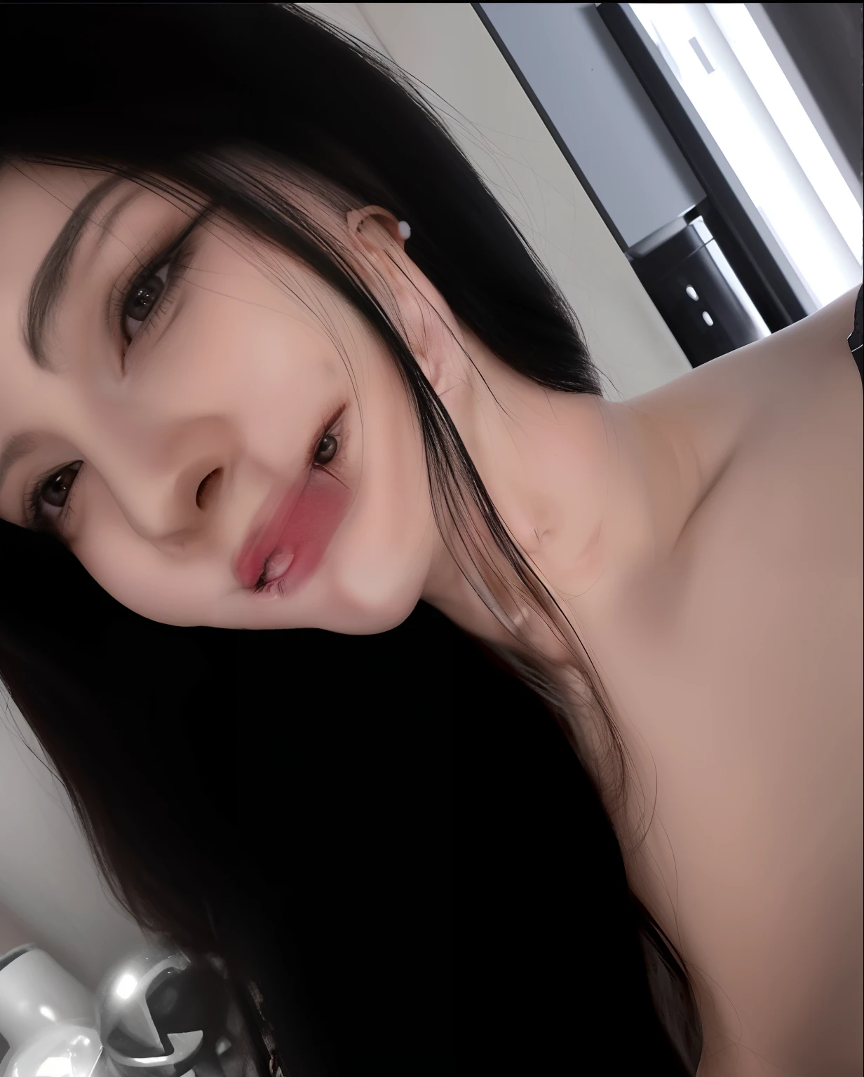 nsfw,(Small breasts)、pubic hair、masterpiece、8k、Realistic photo、Highest quality、High resolution、Open-air room、Professional Lighting、Neat and Clean Sister、Medium length black hair with nuance、Half Up、Blushing、Blowjob、Sucking penis、suck、Drooling、Teasing the nipples