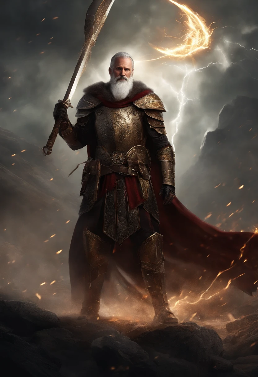 an elderly but strong inquisitor warrior with a well-preserved armor, wielding a scythe as his weapon, (best quality, highres), extremely detailed armor, battle-worn appearance, piercing gaze, focused expression, long gray beard, weathered face, intricate engravings on the armor, shining metallic surfaces, dramatic lighting, dark and moody atmosphere, mystical aura, medieval fantasy setting, aged and weathered stone walls, the sound of clashing swords and screams echoing in the background, intense and dynamic action, powerful strikes, skillful maneuvers, energy radiating from the scythe, a hint of magic in the air, flowing cloak, intimidating presence, determined stance, ominous shadows, sparks flying with each swing of the scythe, sparks of fire and lightning surrounding the warrior, dark color palette with accents of deep red and golden highlights, (fantasy, dark fantasy)