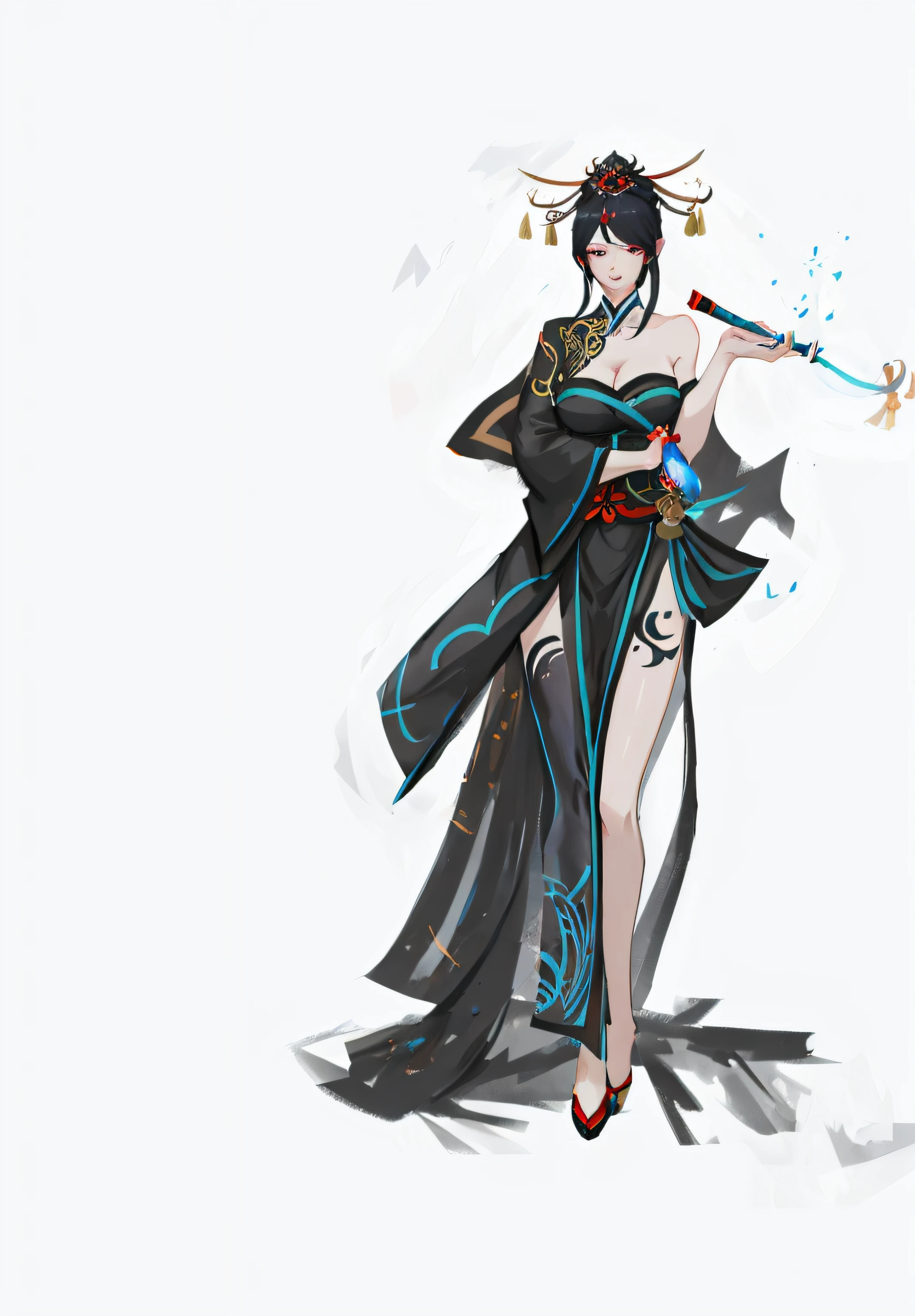 A woman in a dark costume, Ancient geisha, full-body xianxia, anime woman fullbody art, full body concept,