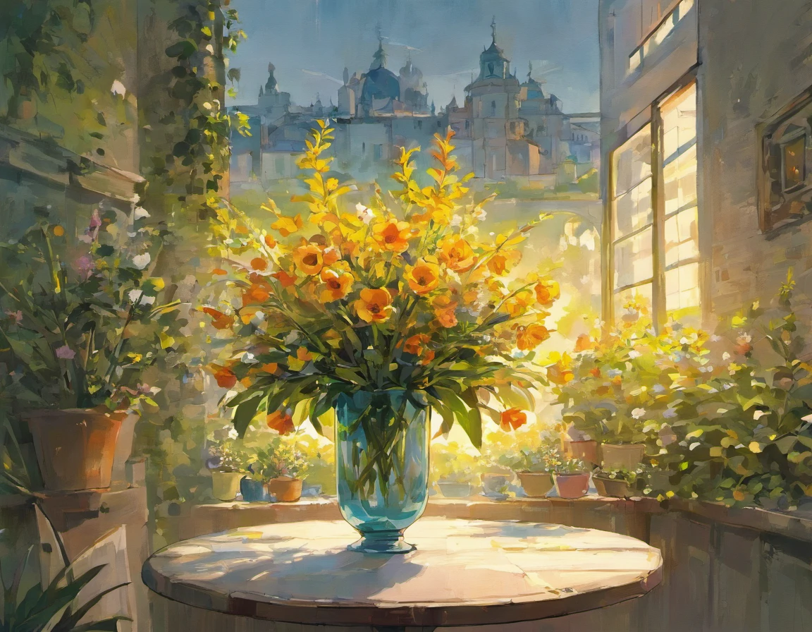 A close-up of a table with a vase of flowers, Entorno encantador, With French garden, house kitchen on a sunny day, Interior of the French village, por Bernard D'Andrea, Cocina luminosa iluminada por ventana, architectural digest, Revista Casas y Jardines, Casas y jardines, Architectural summary photo, Luz matutina de verano, con flores y plantas, Viñeteboceto digital, Pintura por goteo. Perfect color gradation. Influencia de Karel Appel y Jeremy Mann, Many dramatic and threatening scenes, Ultra-detallado, Beautiful, incredibly detailedA, Detalles intrincados, editorial photograph, Disparado con un objetivo de 50 mm, Profundidad de campos, Tilt Blur, shutter speed 1/1000, f/22. Mapas de luz, super brillante