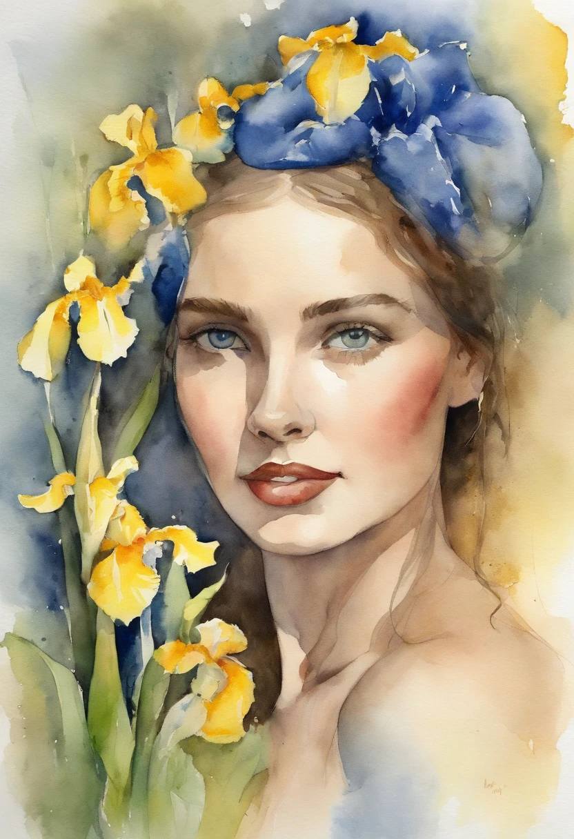 Young girl with yellow and blue iris, Estilo Stacia Burlington, Aquarela, Cor suave, rosto sereno, Close-up, Imagens vintage, noiva, raios de sol, cabelos cacheados