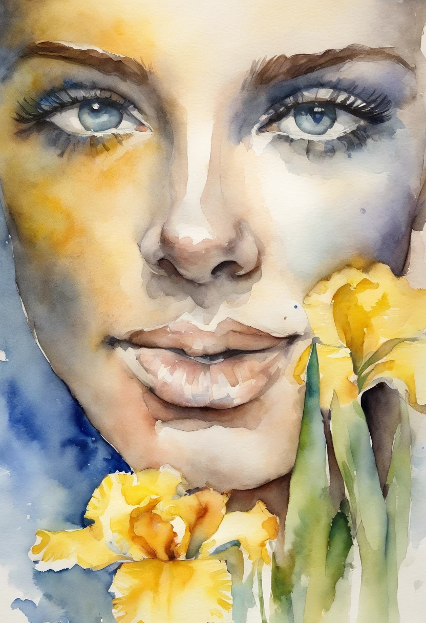 Young girl with yellow and blue iris, Estilo Stacia Burlington, Aquarela, Cor suave, rosto sereno, Close-up, Imagens vintage, noiva, raios de sol, cabelos cacheados