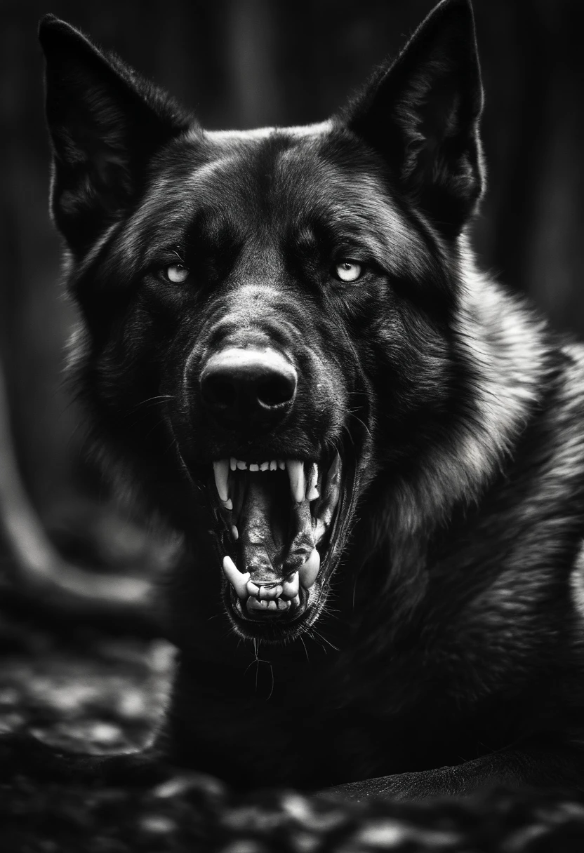 (best quality,4k,8k,highres,masterpiece:1.2),angry german shepherd,ferocious,snarling teeth,sharp claws,strong jaw,keen eyes,dark fur,determined expression,dynamic pose,detailed muscles,powerful stance,intense stare,vicious,barking aggressively,protective,suspecting,alert,aggressive body language,intimidating presence,fierce temperament,piercing gaze,dangerous canine,dominant predator,wild instincts,ready to attack,hostile,action shot,wild energy,unleashed fury,predatory instincts,muscular build,wide mouth,aggressive behavior,stalking its prey,showing dominance,in defense mode,exuding power,unyielding strength,majestic,intimidating,commanding presence,symbol of protection.