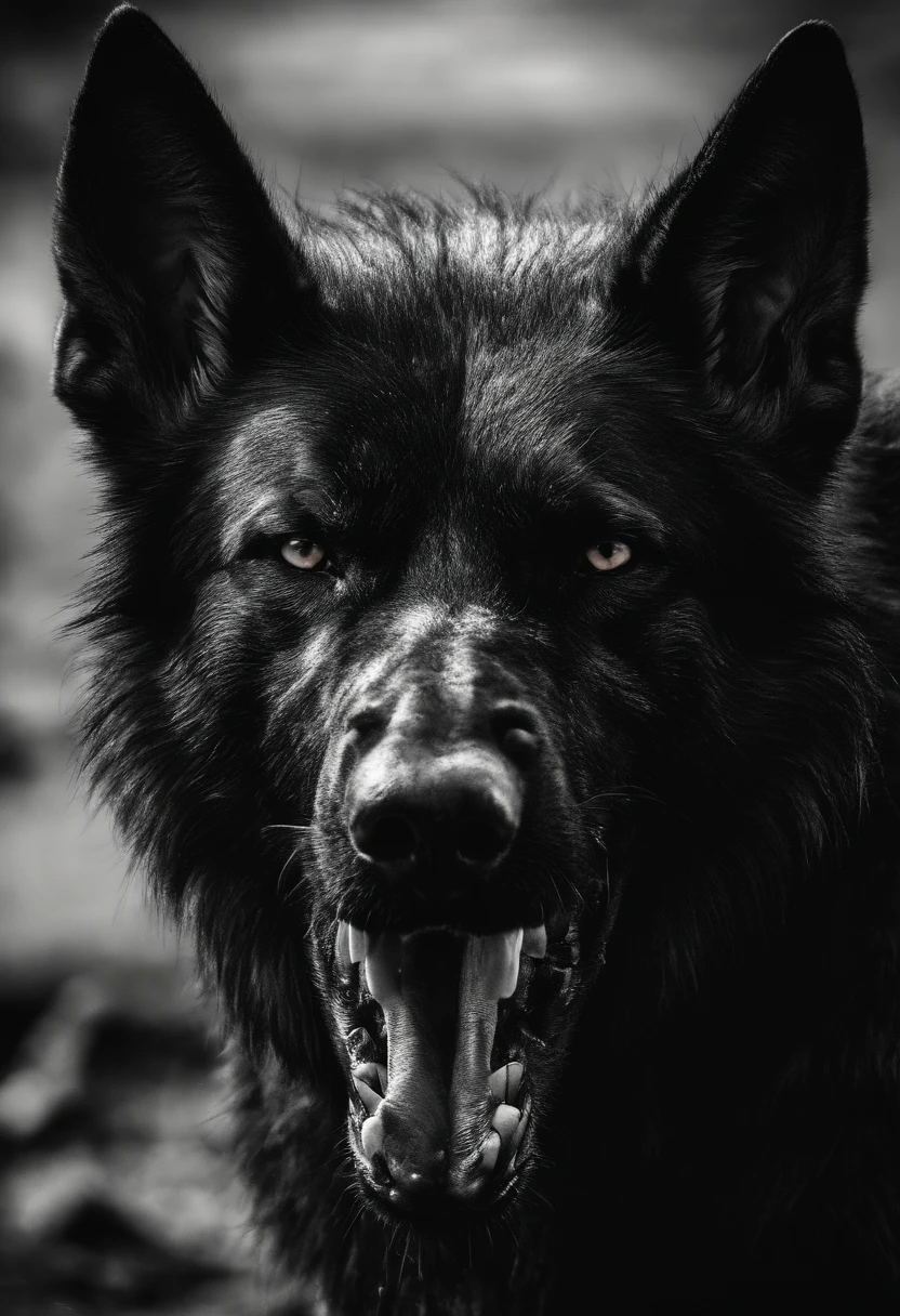 (best quality,4k,8k,highres,masterpiece:1.2),angry german shepherd,ferocious,snarling teeth,sharp claws,strong jaw,keen eyes,dark fur,determined expression,dynamic pose,detailed muscles,powerful stance,intense stare,vicious,barking aggressively,protective,suspecting,alert,aggressive body language,intimidating presence,fierce temperament,piercing gaze,dangerous canine,dominant predator,wild instincts,ready to attack,hostile,action shot,wild energy,unleashed fury,predatory instincts,muscular build,wide mouth,aggressive behavior,stalking its prey,showing dominance,in defense mode,exuding power,unyielding strength,majestic,intimidating,commanding presence,symbol of protection.