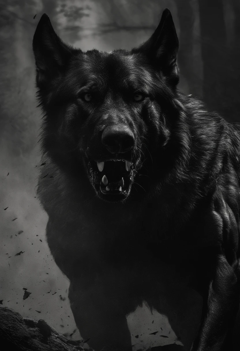 (best quality,4k,8k,highres,masterpiece:1.2),angry german shepherd,ferocious,snarling teeth,sharp claws,strong jaw,keen eyes,dark fur,determined expression,dynamic pose,detailed muscles,powerful stance,intense stare,vicious,barking aggressively,protective,suspecting,alert,aggressive body language,intimidating presence,fierce temperament,piercing gaze,dangerous canine,dominant predator,wild instincts,ready to attack,hostile,action shot,wild energy,unleashed fury,predatory instincts,muscular build,wide mouth,aggressive behavior,stalking its prey,showing dominance,in defense mode,exuding power,unyielding strength,majestic,intimidating,commanding presence,symbol of protection.