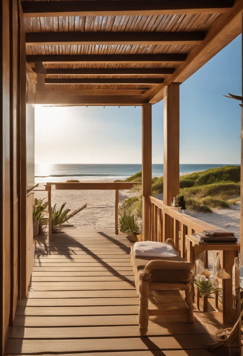 Describe a beachfront beach hut, num quarto luxuoso e aconchegante, com vista para o oceano em um dia ensolarado. Explore os detalhes do ambiente, como a brisa marinha, the warm sand underfoot and the gentle waves that come close to the shore. Highlight the sense of relaxation and serenity that this beachfront retreat offers its occupants.