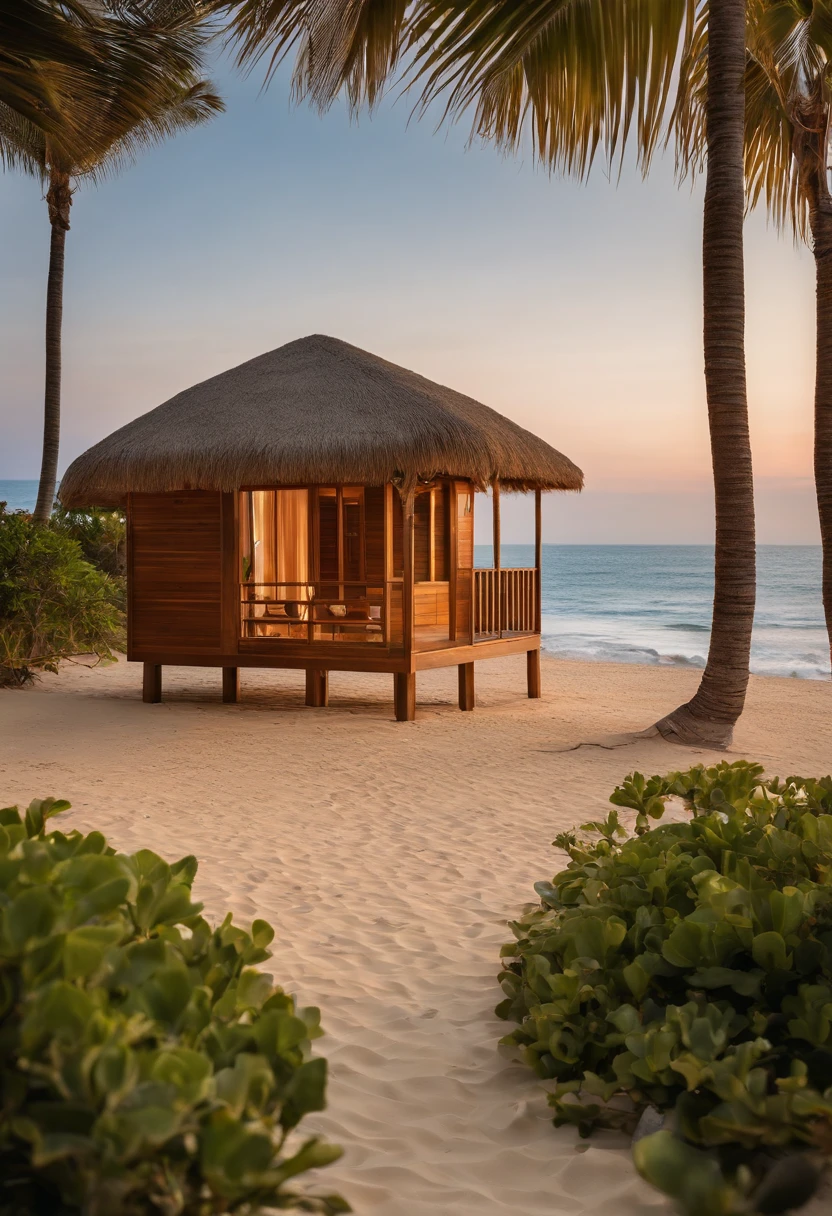 Describe a beachfront beach hut, num quarto luxuoso e aconchegante, com vista para o oceano em um dia ensolarado. Explore os detalhes do ambiente, como a brisa marinha, the warm sand underfoot and the gentle waves that come close to the shore. Highlight the sense of relaxation and serenity that this beachfront retreat offers its occupants.