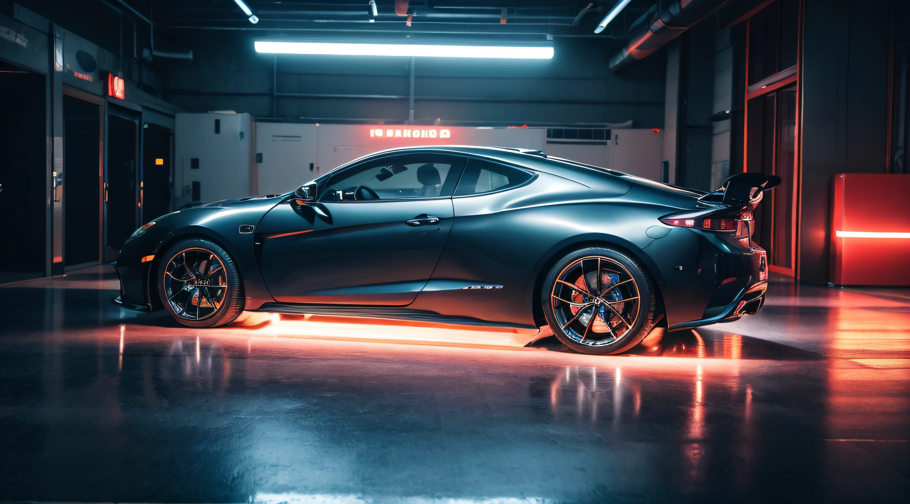 indoor, exbihition fly-car space, shimmering monochromatic light, (Masterpiece,best quality,8k uhd,dslr,soft lighting,high quality,hyper detail,film grain,Fujifilm XT3, UE 5 render 8k, super high resolution, supper detail:1.2, dynamic lighting, cyber light, magic neon light), glossy epoxy floor