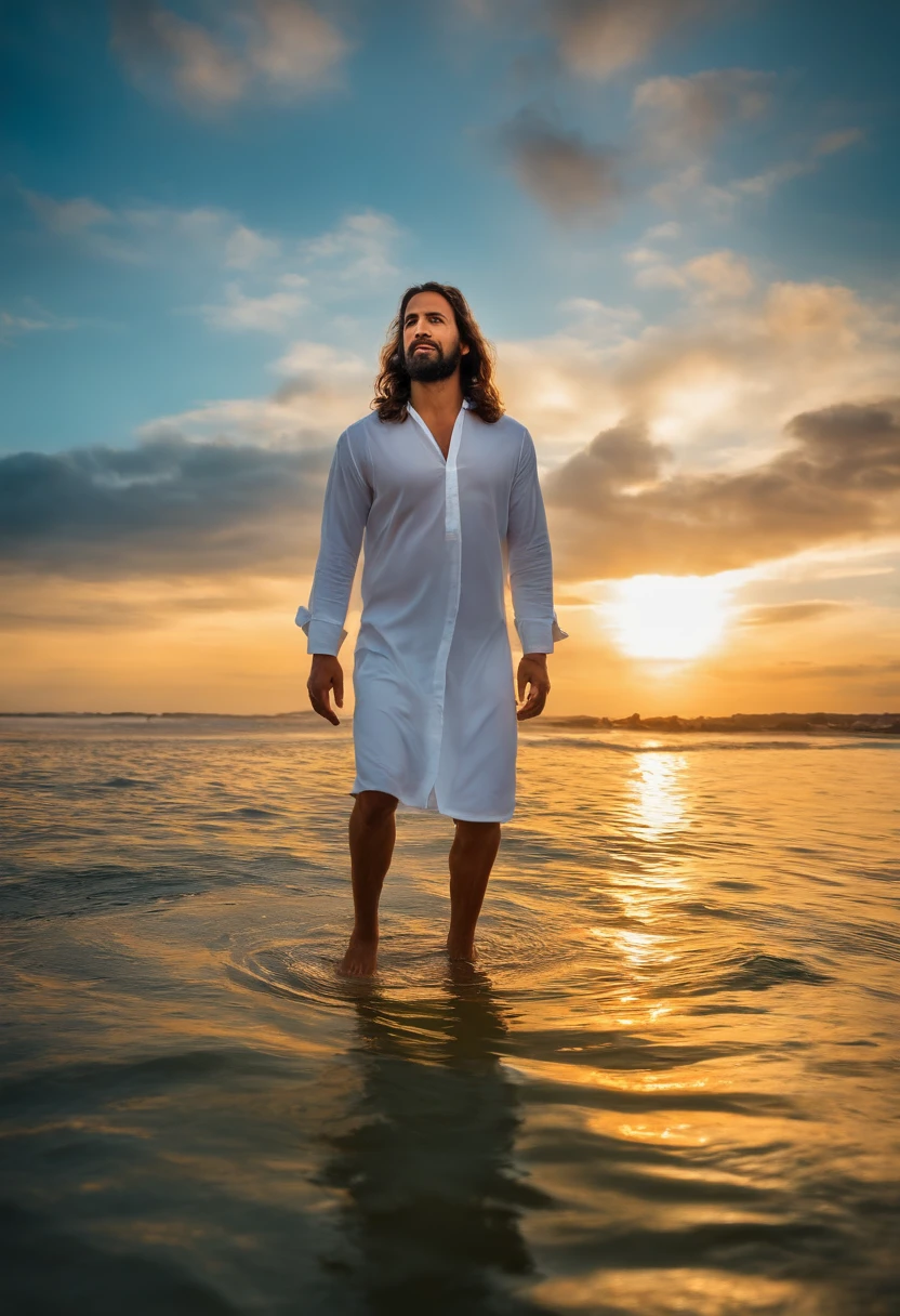 Jesus Cristo com 33 anos, usando um espinho em volta da testa, looking at the camera, walking on water